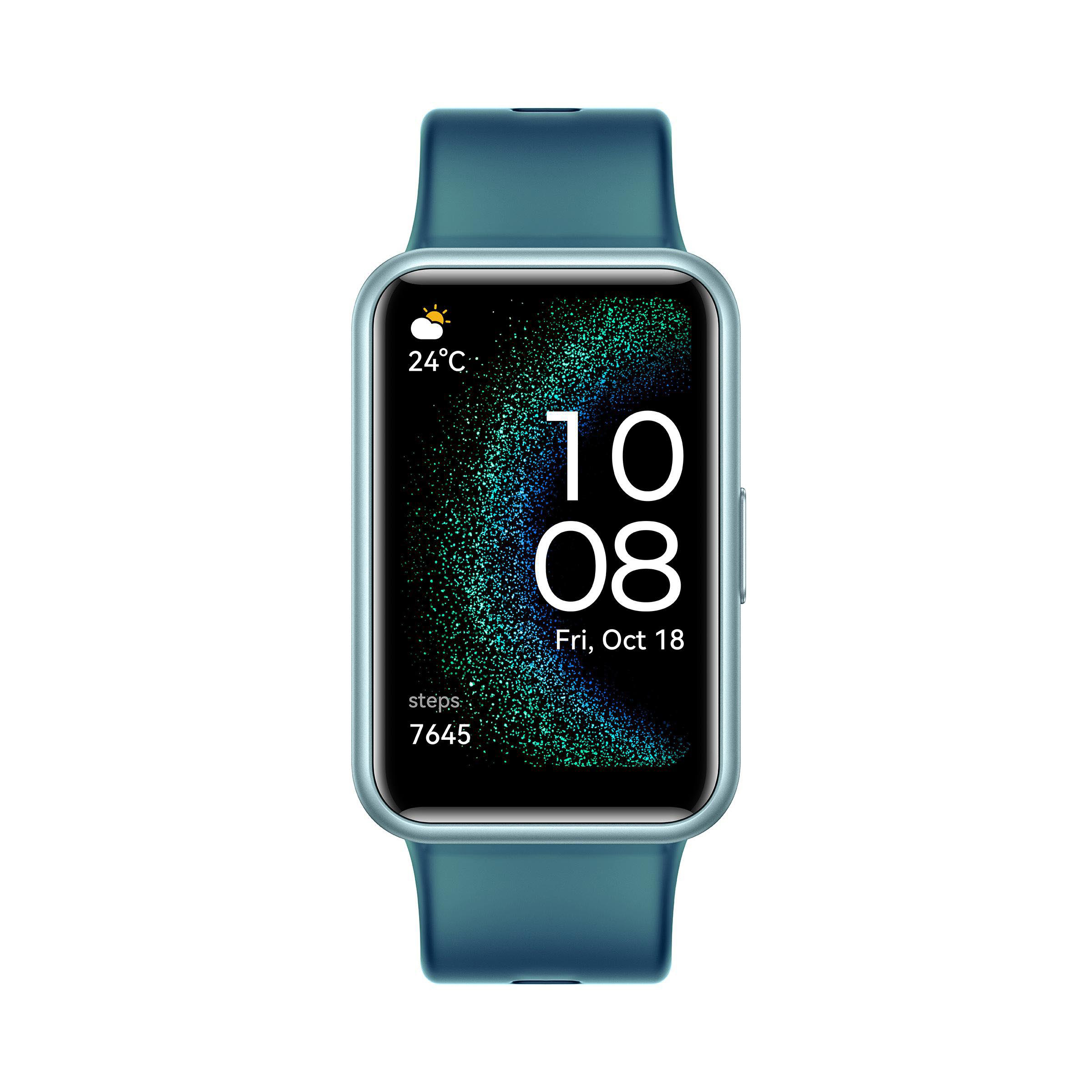 Smartwatch mit blauem Armband, das Zeit und Wetter anzeigt. Das Datum ist Freitag, 18. Oktober.