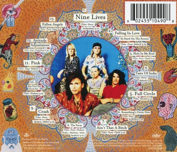 Az Aerosmith 'Nine Lives' című albumának borítója, a zenekar tagjaival és a számok listájával.