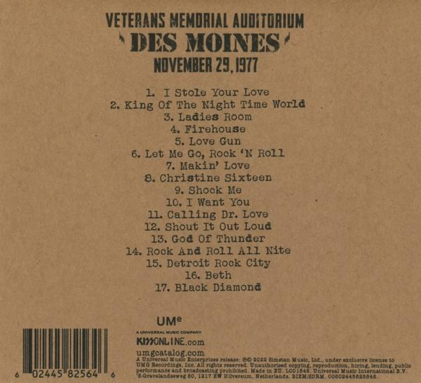 Dos d'un album de KISS avec liste des titres sur papier brun.
