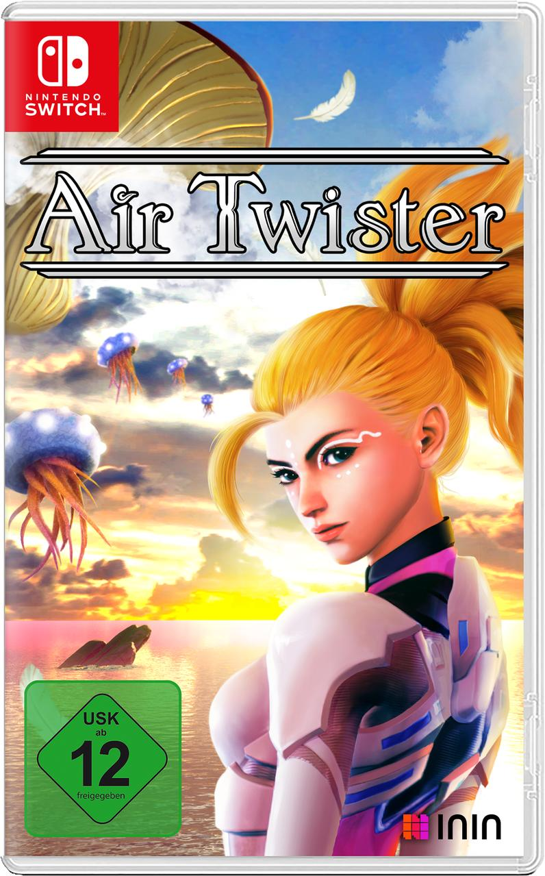 Air Twister Videospiel-Box-Art für Nintendo Switch, mit einer weiblichen Figur und Hintergrund.