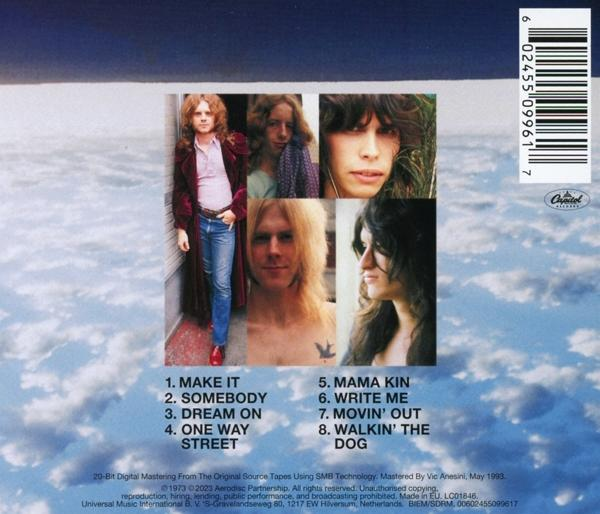 Die Rückseite eines Albums mit Fotos von Bandmitgliedern und aufgelisteten Songtiteln.