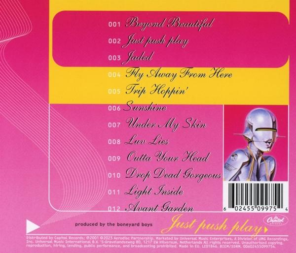 CD-Cover mit Titelliste und Roboterfigur. Der Text ist in Gelb und Pink gehalten.