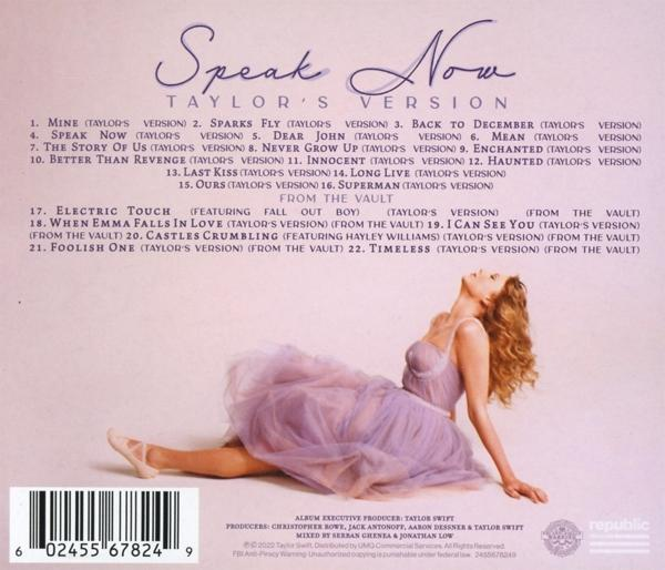 Albumcover für Taylor Swifts "Speak Now (Taylor's Version)" mit Trackliste und Foto von ihr liegend.