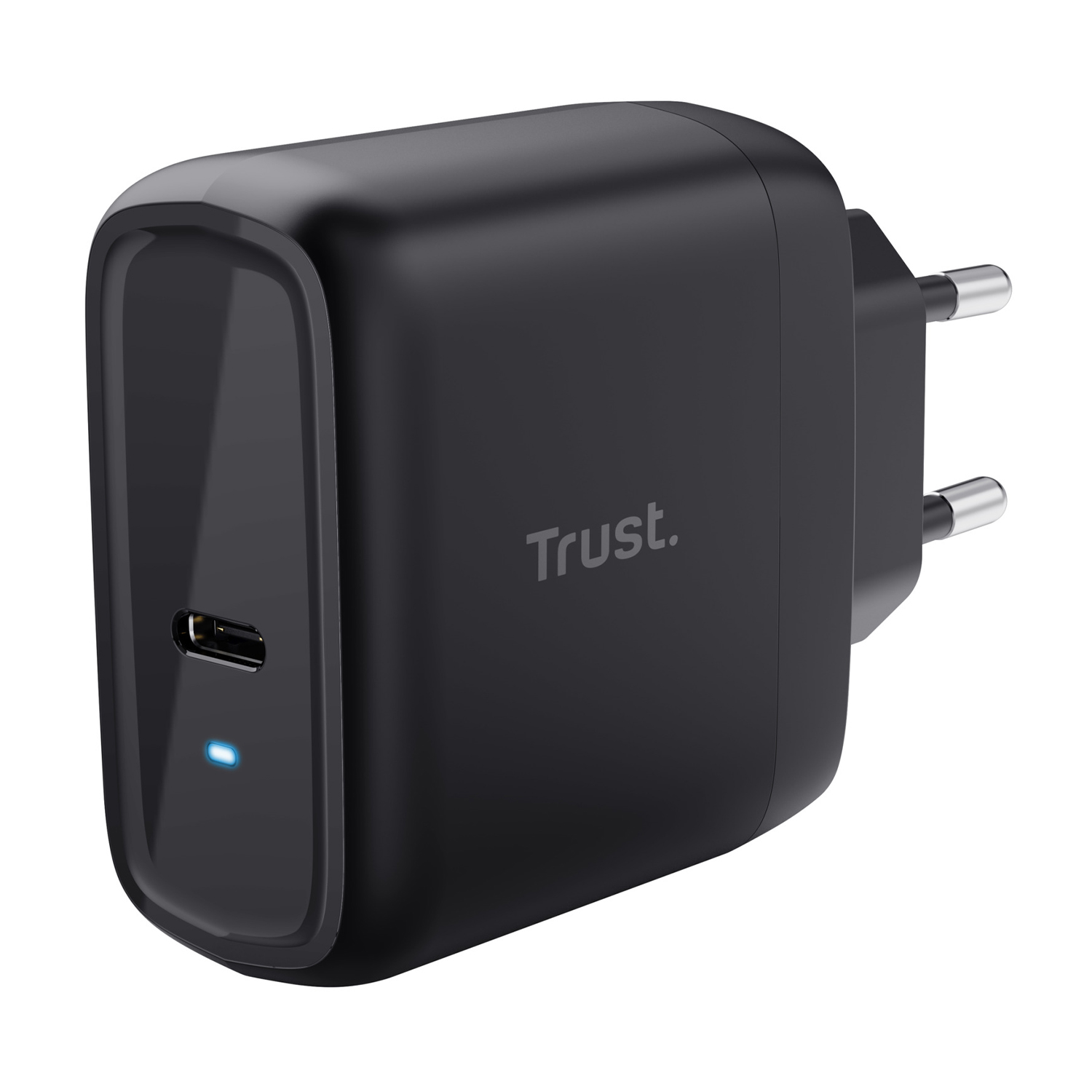 Un caricatore Trust nero con porta USB-C e spina.