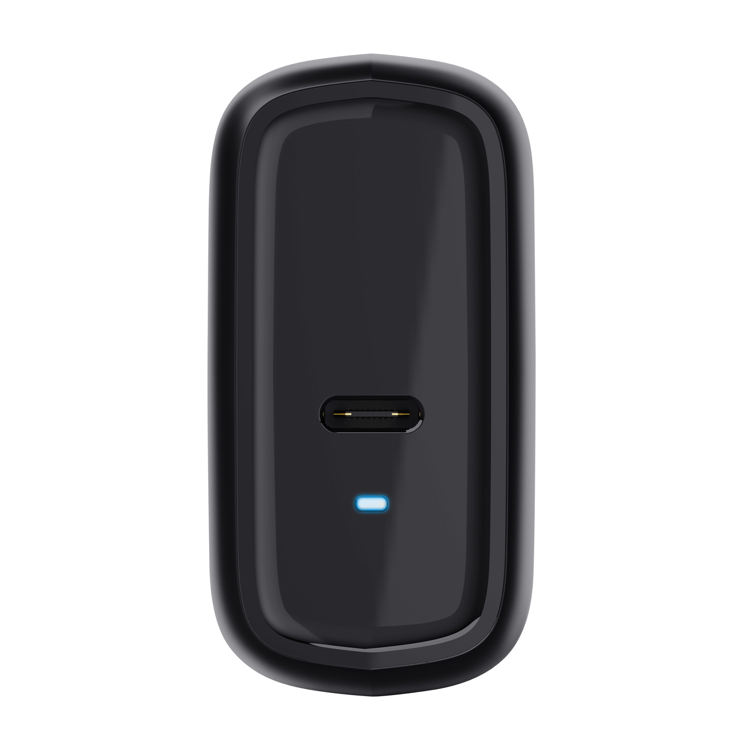 Un caricatore nero con una porta USB-C e un indicatore luminoso blu. Design pulito e minimalista.