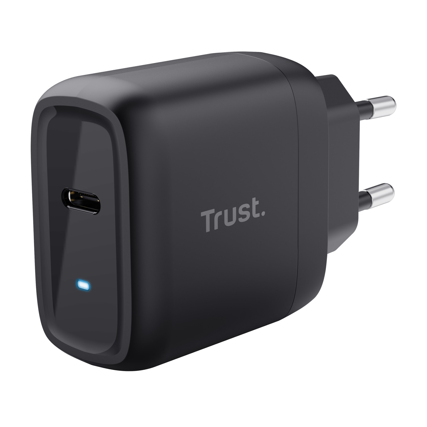 Un caricatore Trust nero con porta USB-C e spina. Una luce blu è accesa.