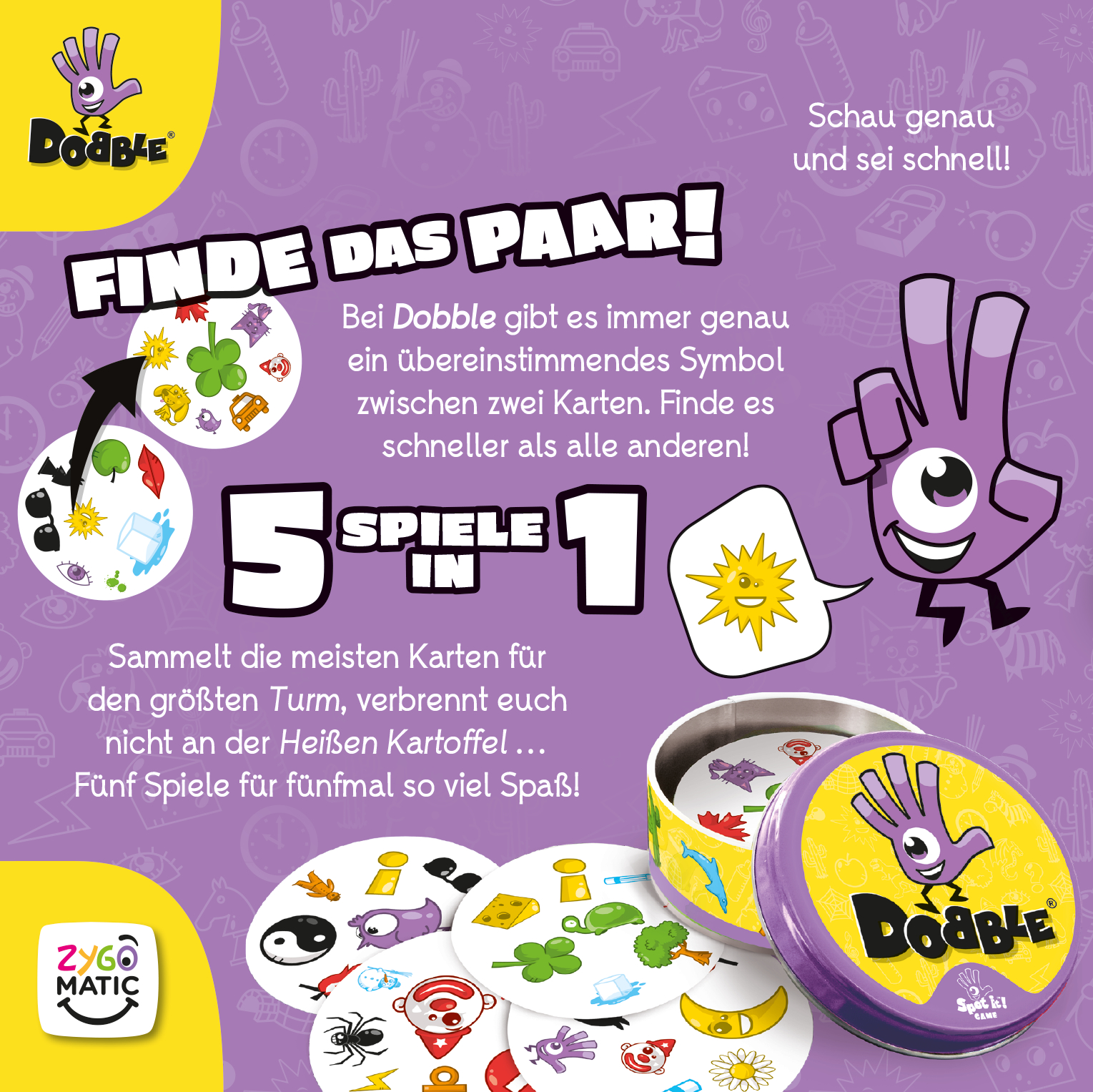 Dobble Kartenspiel mit Karten, Behälter und lila Hand-Maskottchen.