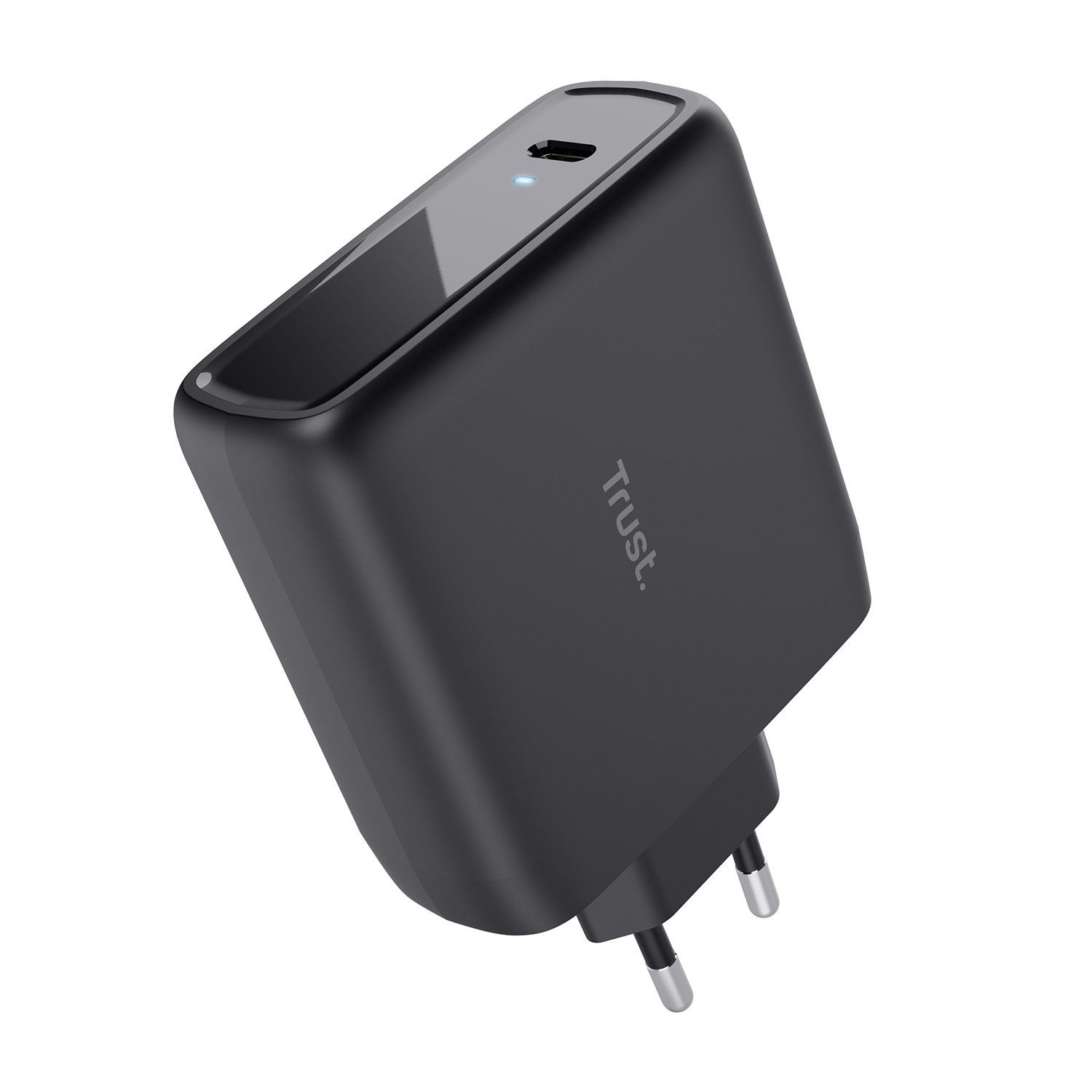 Caricatore Trust nero con porta USB-C e due spine.