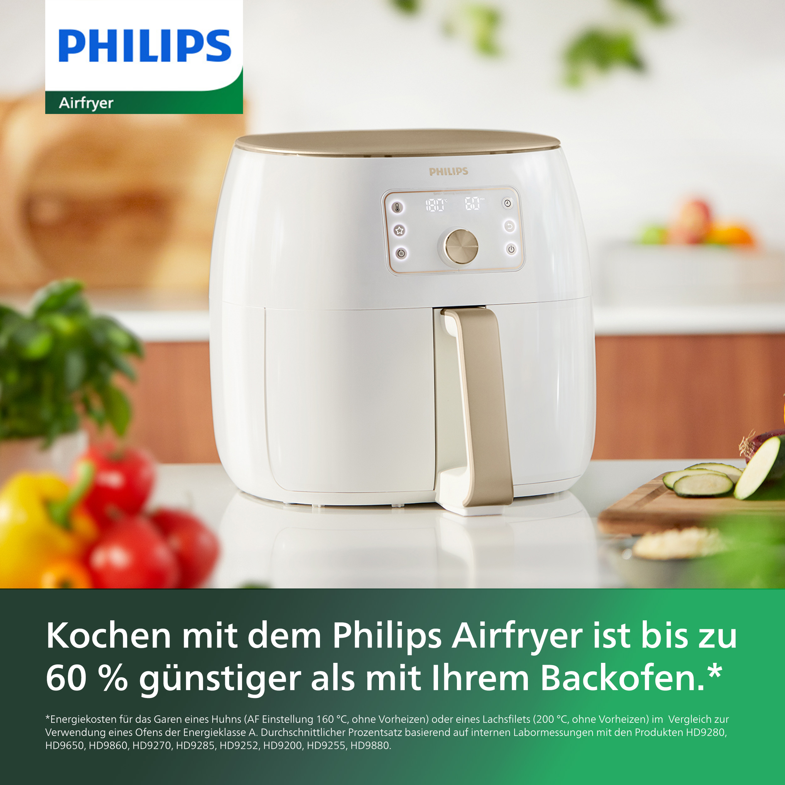 Weißer Philips Airfryer mit goldenem Deckel. Display und Griff, mit Lebensmitteln im Hintergrund. Text über Kosteneffizienz.