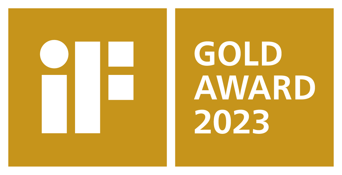 Gold-Award-Logo mit dem Text 'iF GOLD AWARD 2023' auf goldenem Hintergrund.