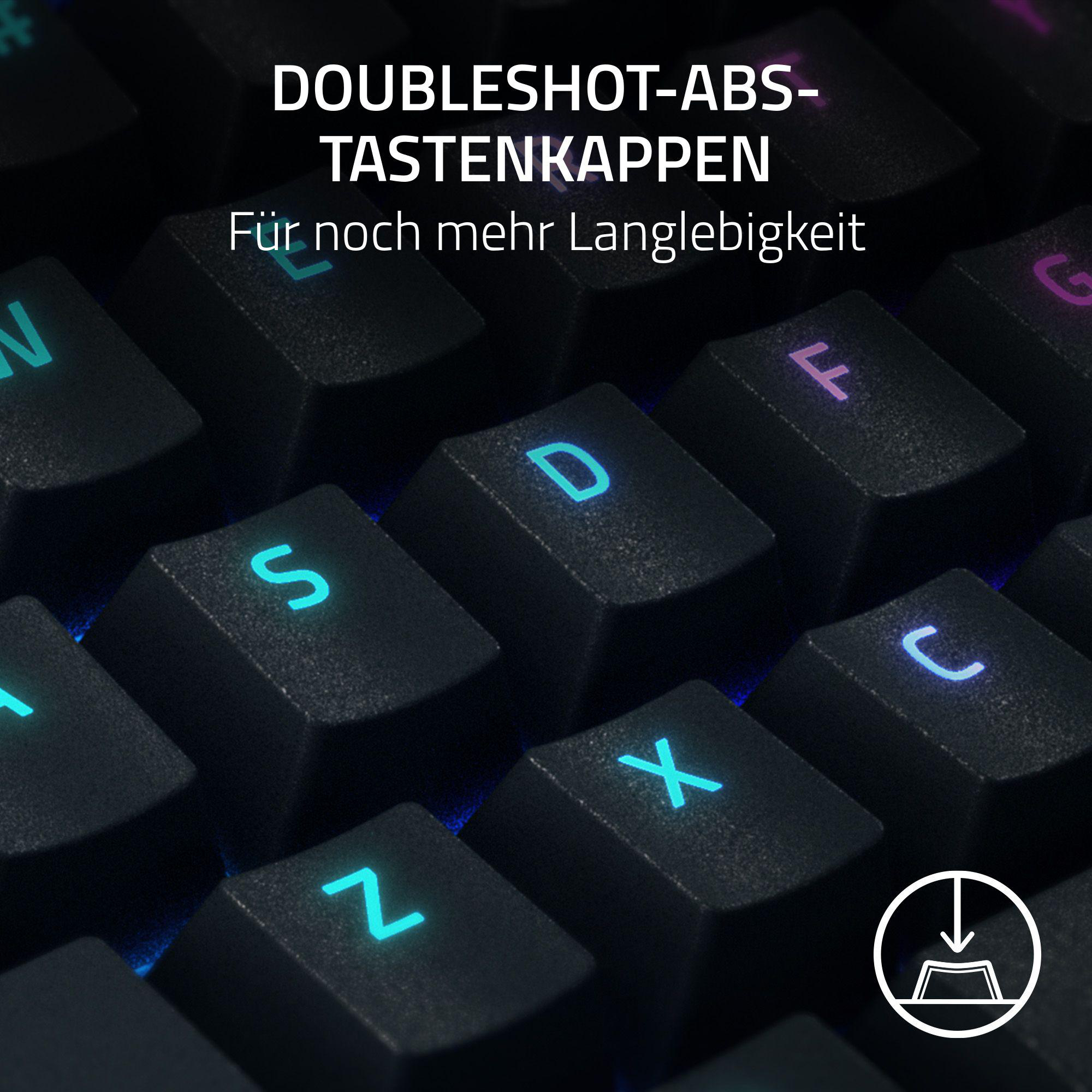 Nahaufnahme einer schwarzen Tastatur mit beleuchteten Tasten. Die Tasten sind schwarz mit Neonfarben.