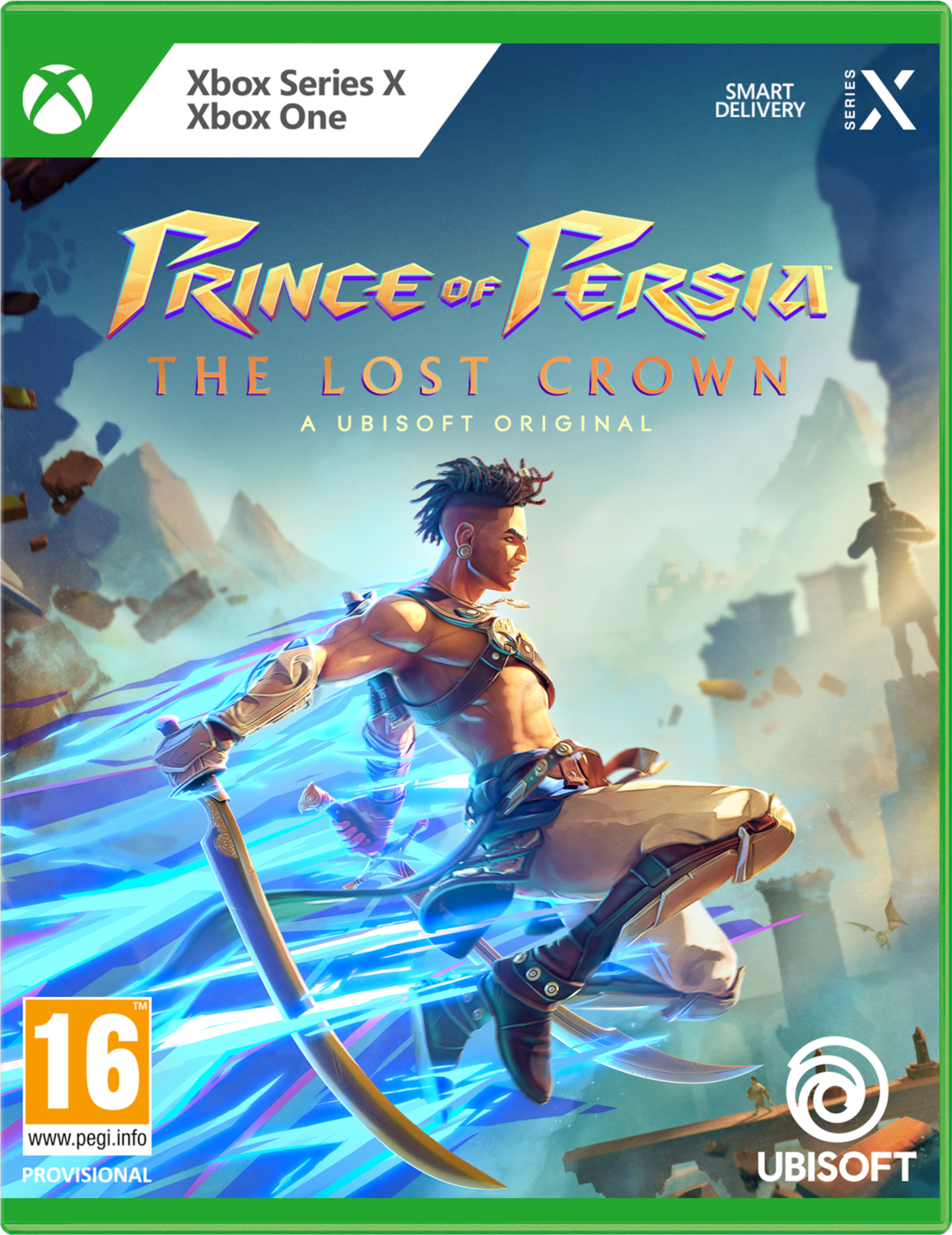 Boîte de jeu avec personnage, épée et arrière-plan avec montagnes.