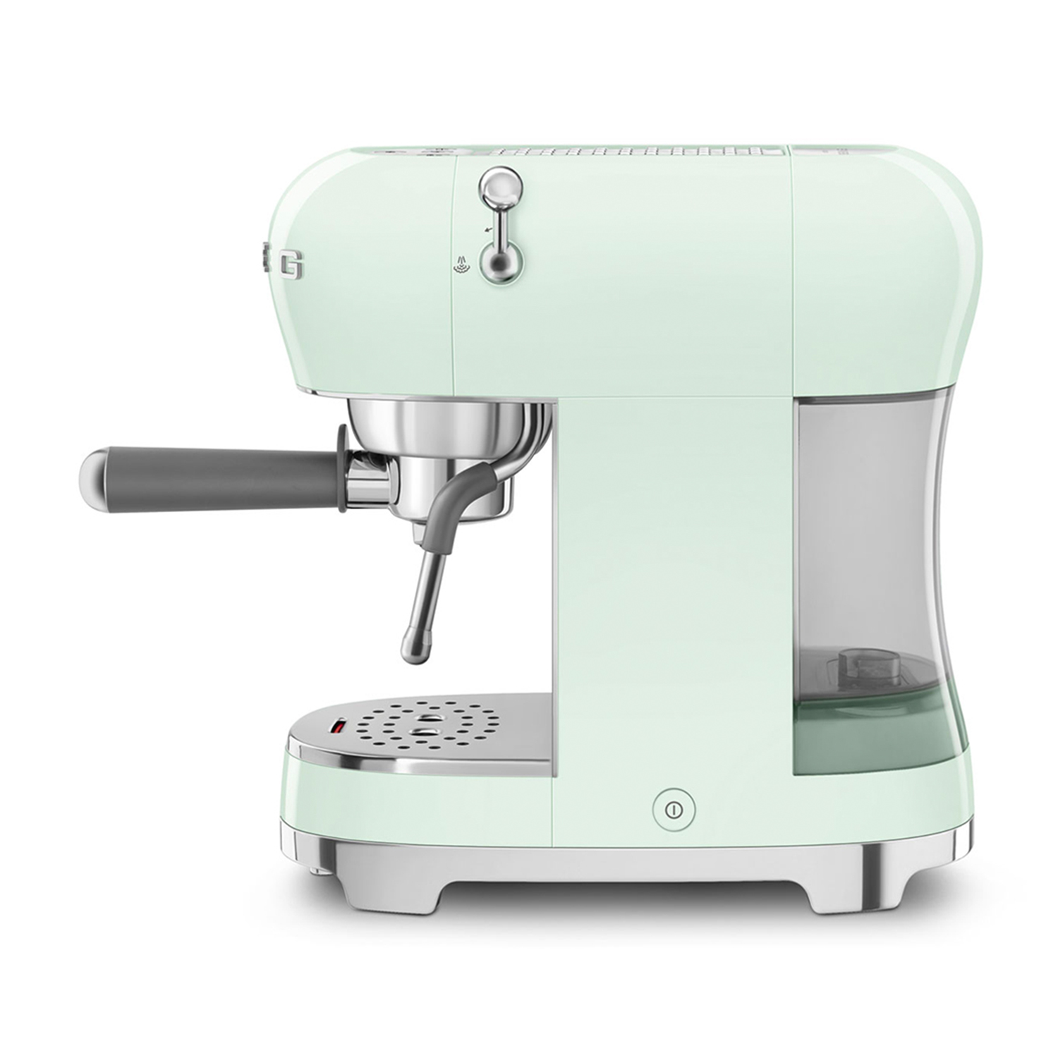 Macchina per caffè espresso verde menta con finiture cromate, serbatoio laterale e design semplice.