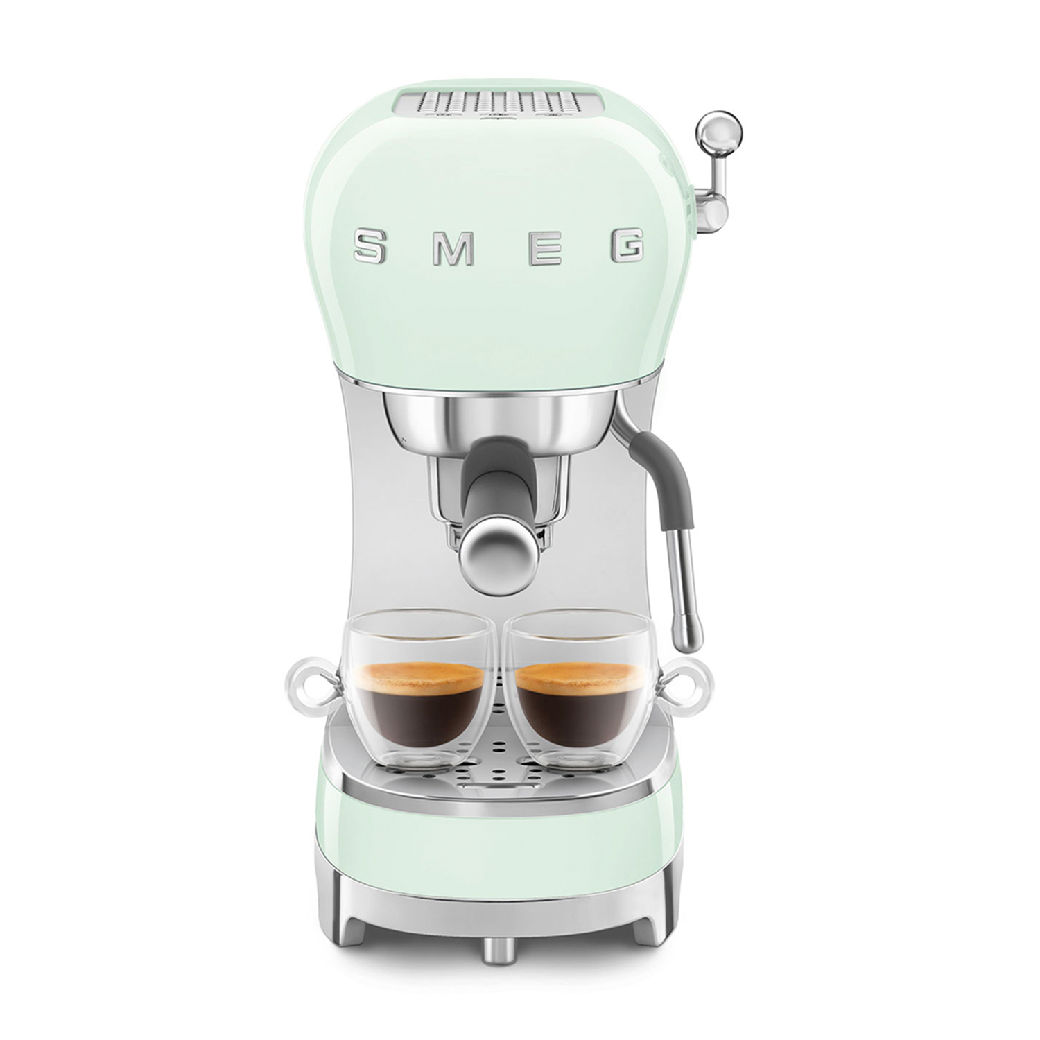 Una macchina per caffè espresso verde menta con due tazze di caffè. Sono presenti dettagli cromati.