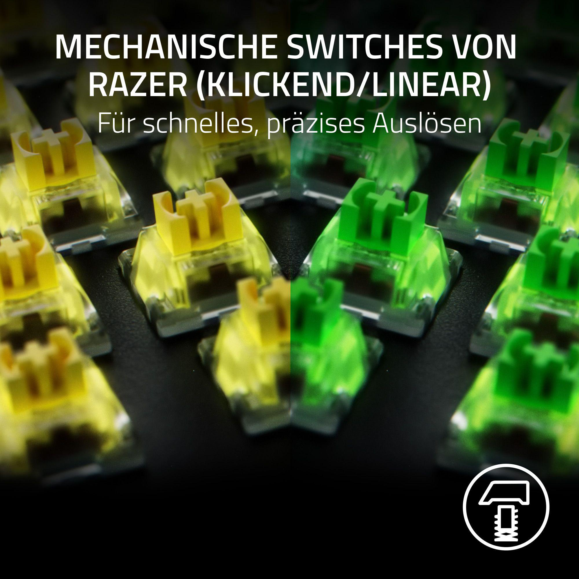 Nahaufnahme von mechanischen Tastaturschaltern. Gelbe und grüne Tasten sind sichtbar.