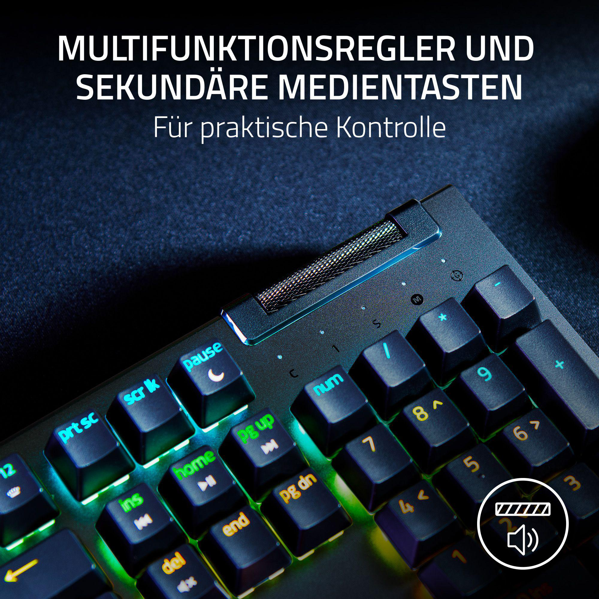 Schwarze Gaming-Tastatur mit beschrifteten Tasten, Hintergrundbeleuchtung, Text oben.