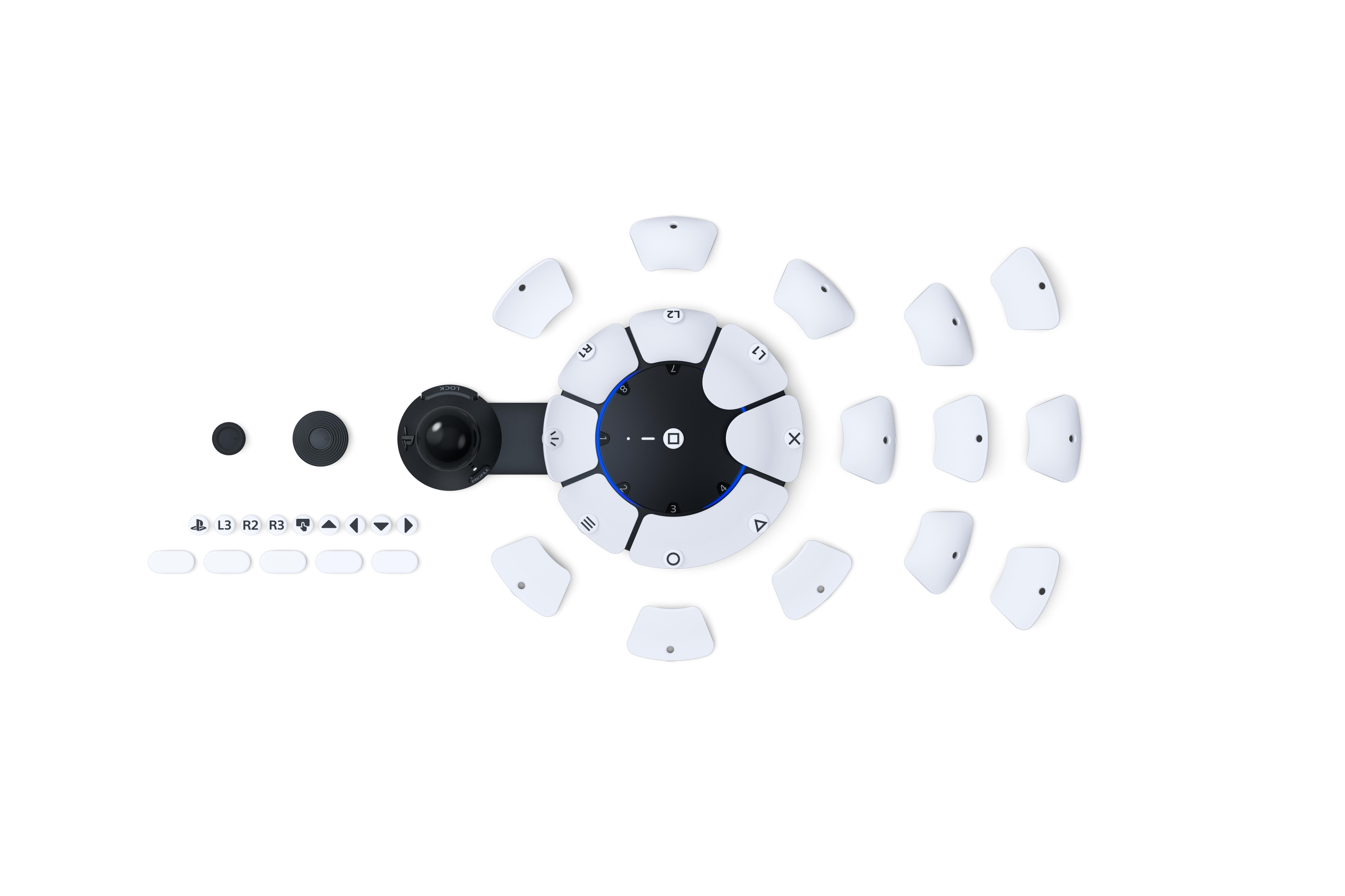 Ein Gaming-Controller mit vielen Tasten und einem Joystick. Das Design ist schwarz und weiß.