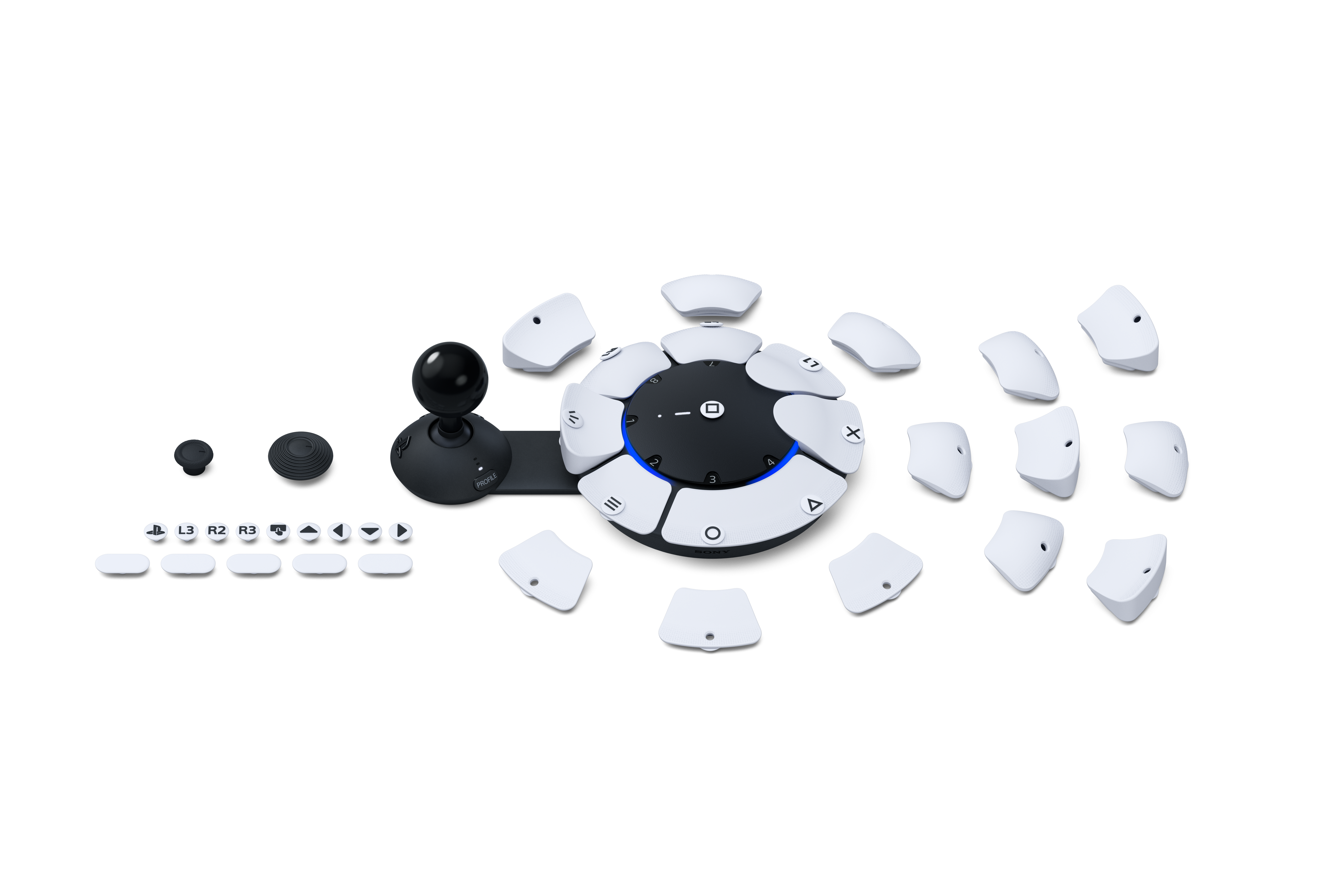 Weißer Gaming-Controller mit Tasten und Joystick.