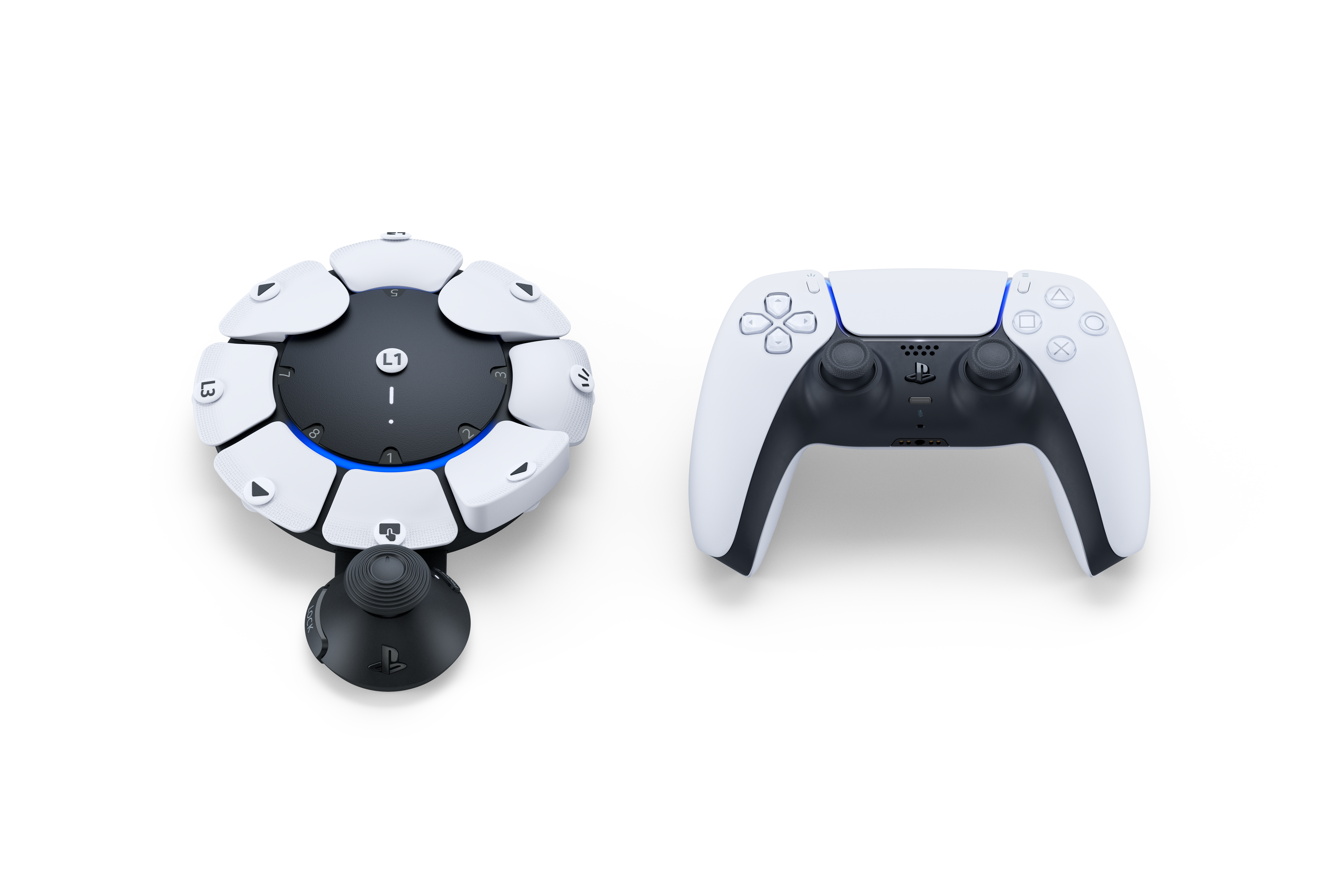 Eine Spielekonsole und ein Controller auf weißem Untergrund.