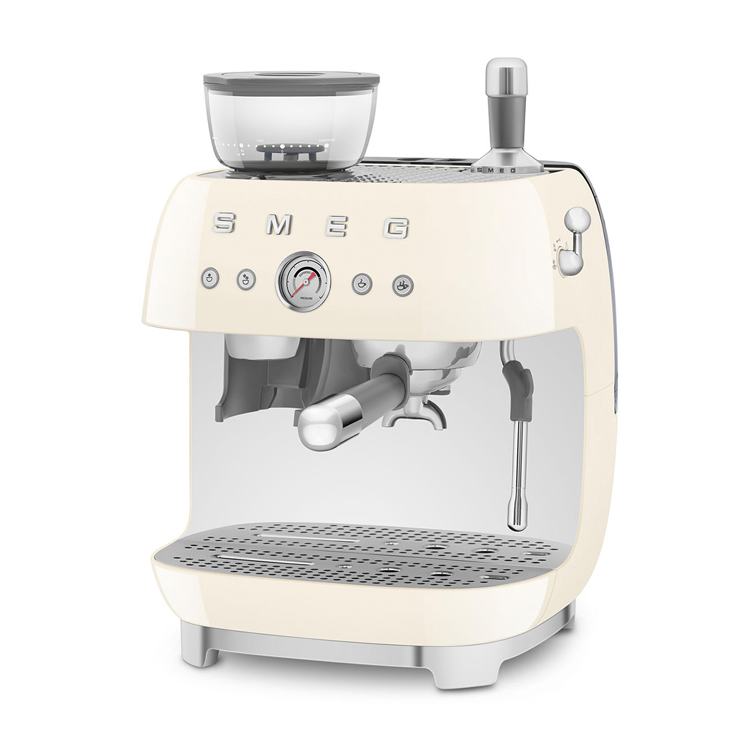 Una macchina per espresso SMEG color crema. Ha pulsanti, un quadrante e un portafiltro.