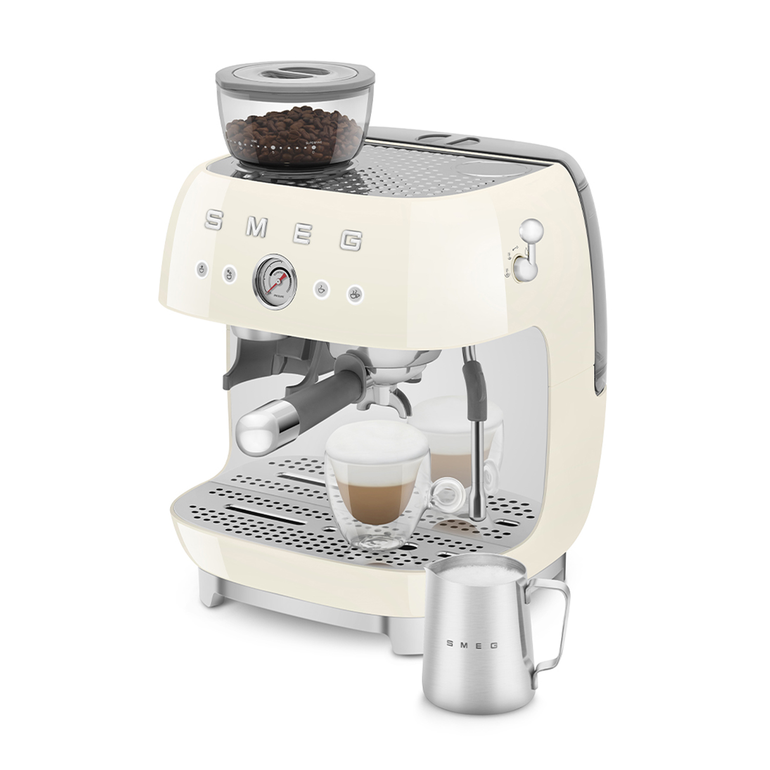 Una macchina per caffè espresso Smeg color crema con accessori.