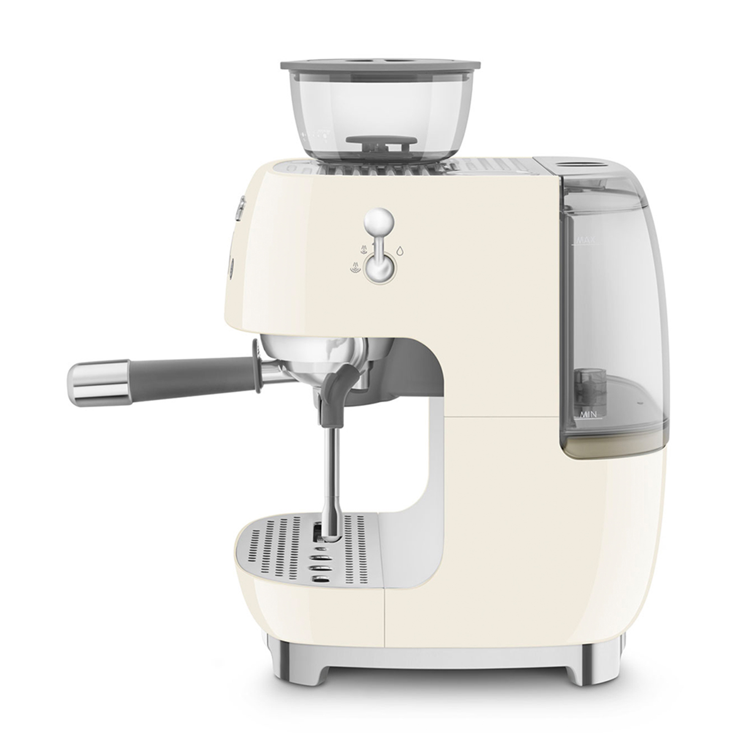 Una macchina per caffè espresso color crema, con un contenitore per chicchi sopra e un serbatoio dell'acqua laterale.