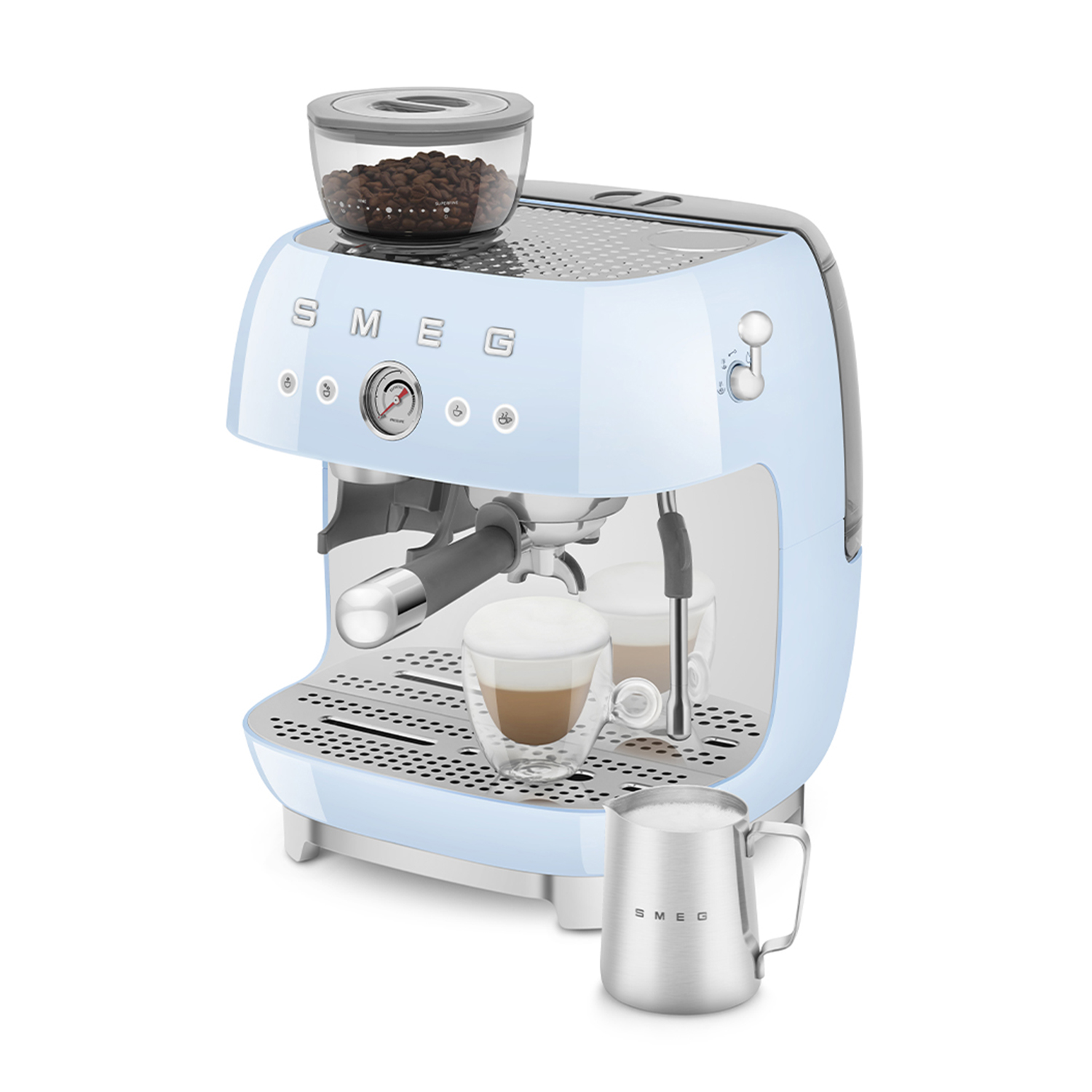 Macchina per espresso Smeg azzurra con tazza di caffè e contenitore del latte.