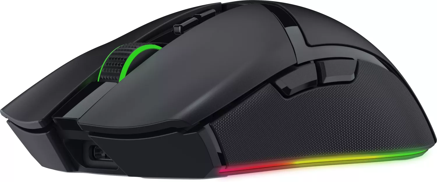 Schwarze Gaming-Maus mit RGB-Beleuchtung unten. Das Scrollrad ist grün.