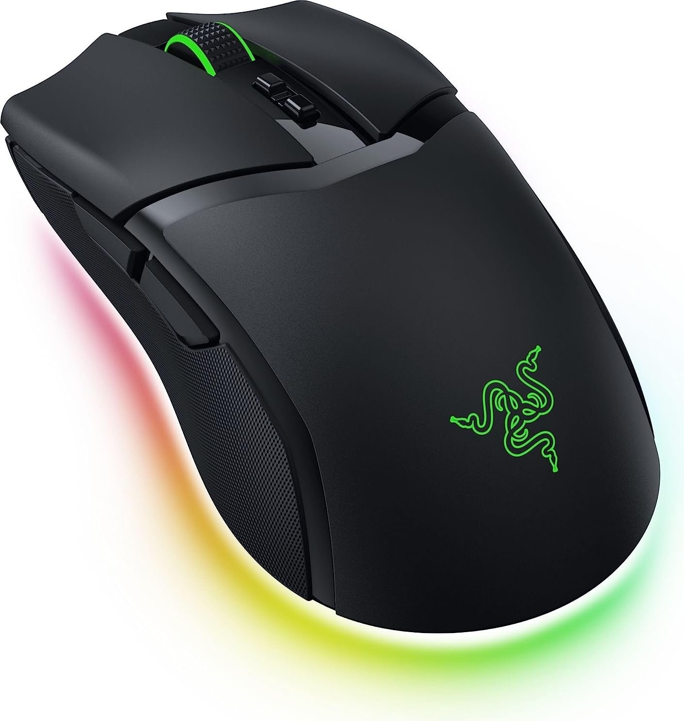 Eine schwarze Razer Gaming-Maus mit grünem Logo. Es hat bunte Lichter auf der Unterseite.