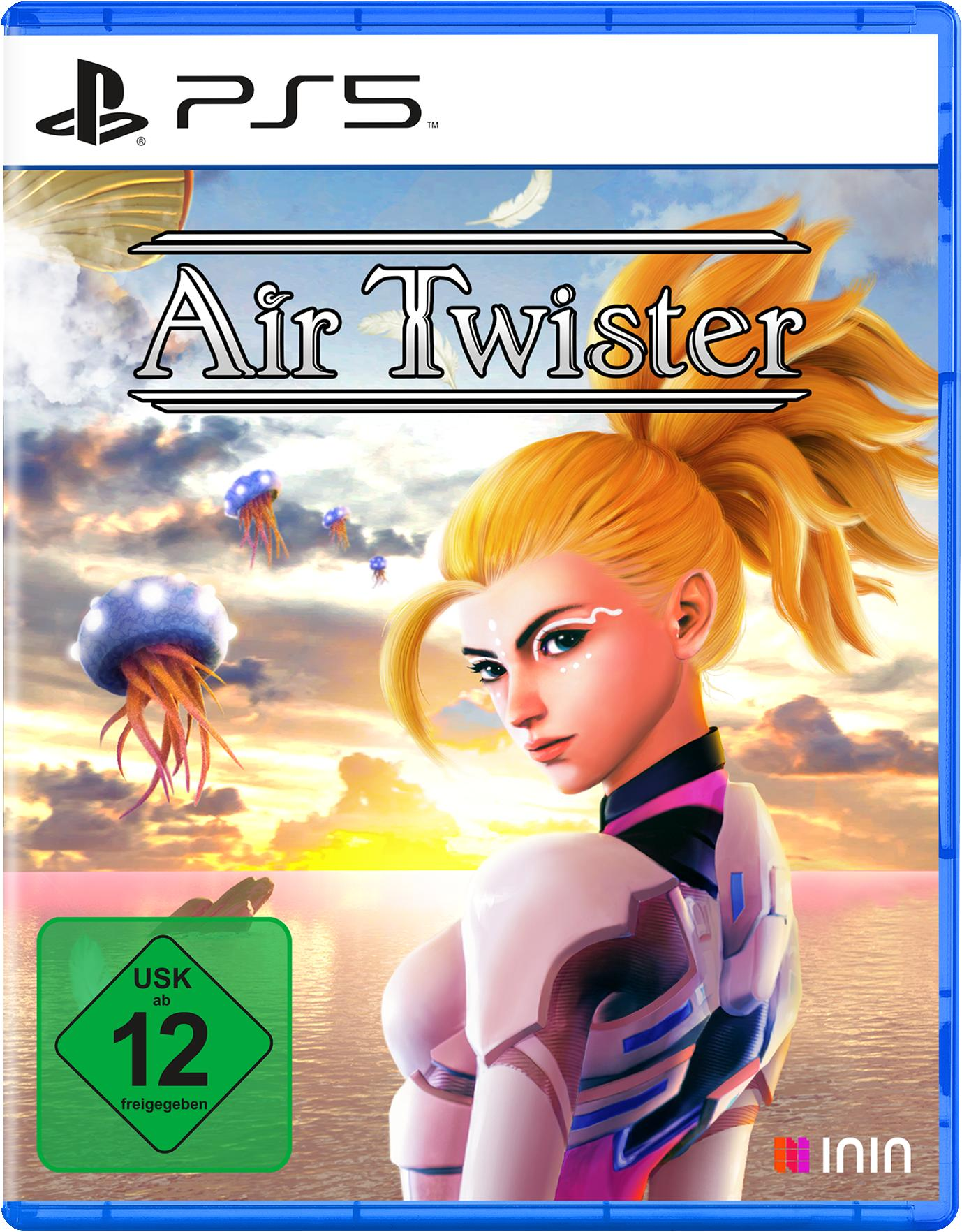 PS5-Spielcover, 'Air Twister'. Eine Frau mit blonden Haaren und USK-Rating.