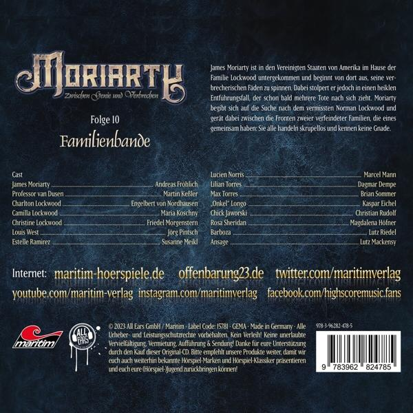 Ein Buchcover mit Text und Bildern der Besetzung der Show und dem Titel 'Moriarty'.