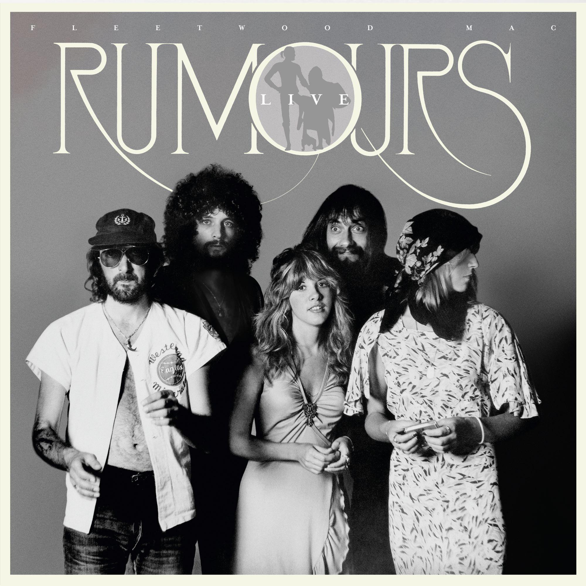 Fleetwood Mac Albumcover mit Bandmitgliedern. Text 'RUMOURS LIVE' über der Band.