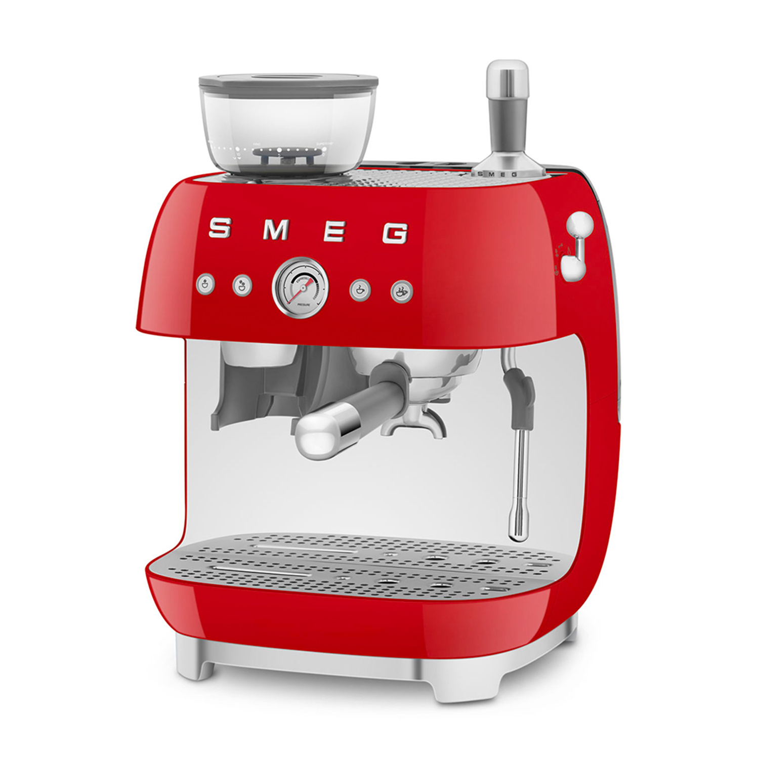 Una macchina per espresso SMEG rossa con un macinacaffè sopra. Base bianca, dettagli argentati.
