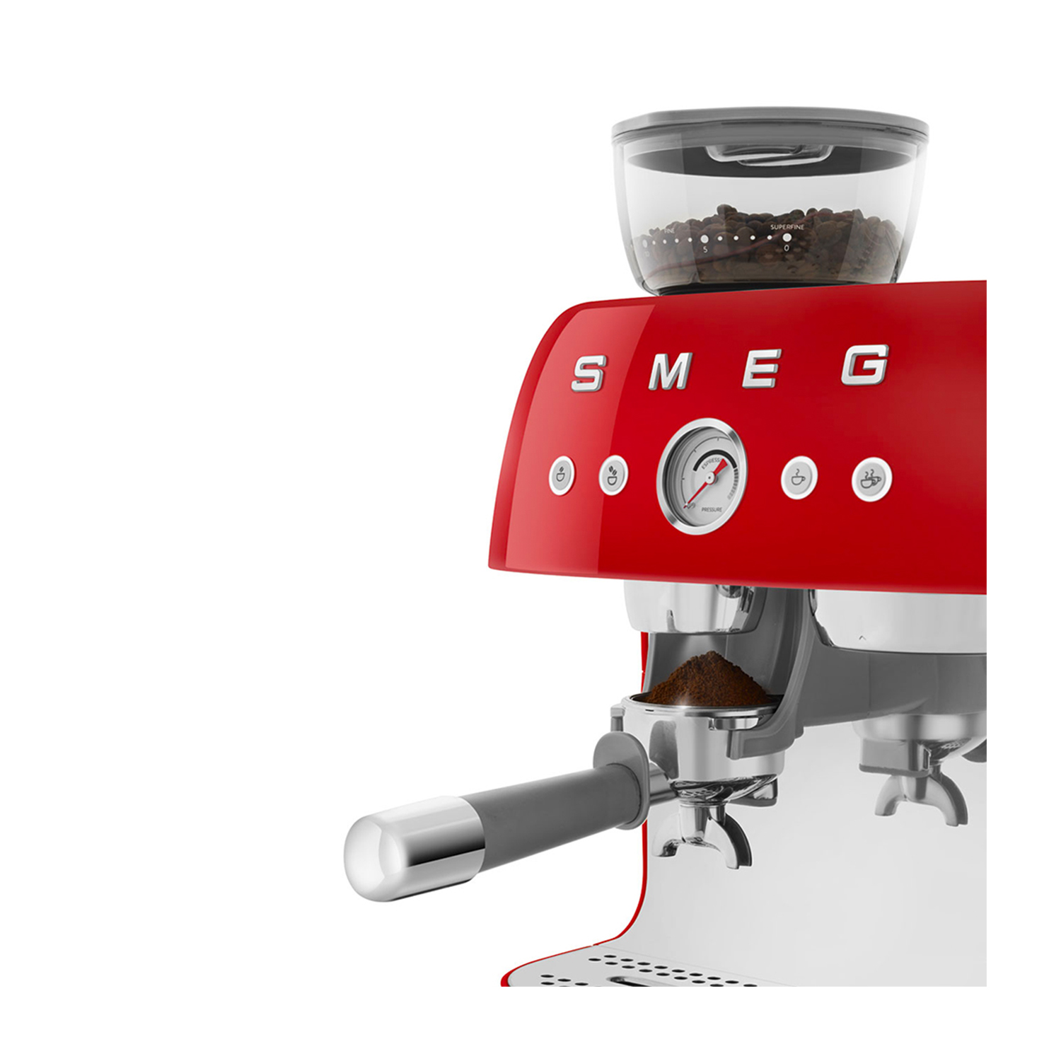 Primo piano di una macchina per caffè espresso Smeg rossa.