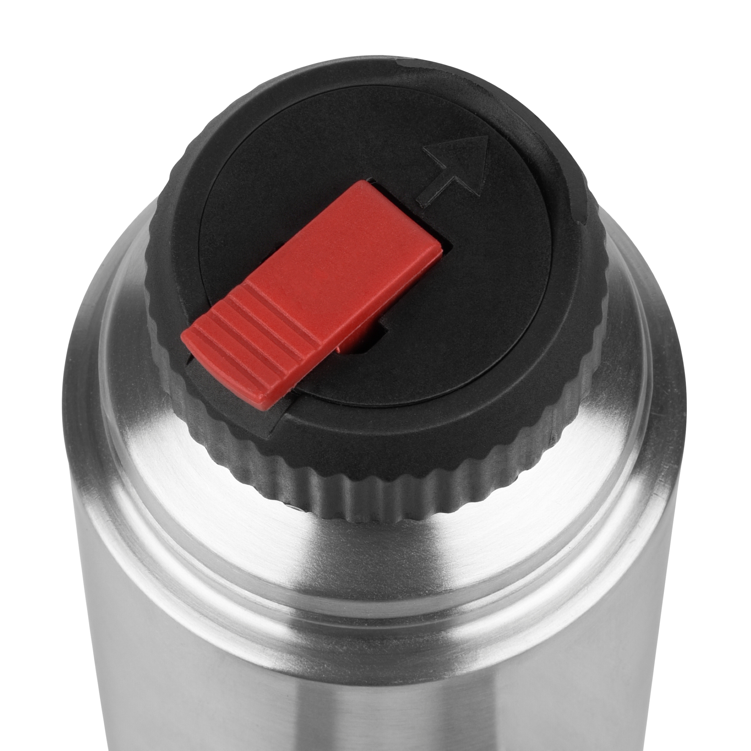 Thermoskappe, schwarz mit rotem Knopf, Silbermetall, Draufsicht, isoliert.