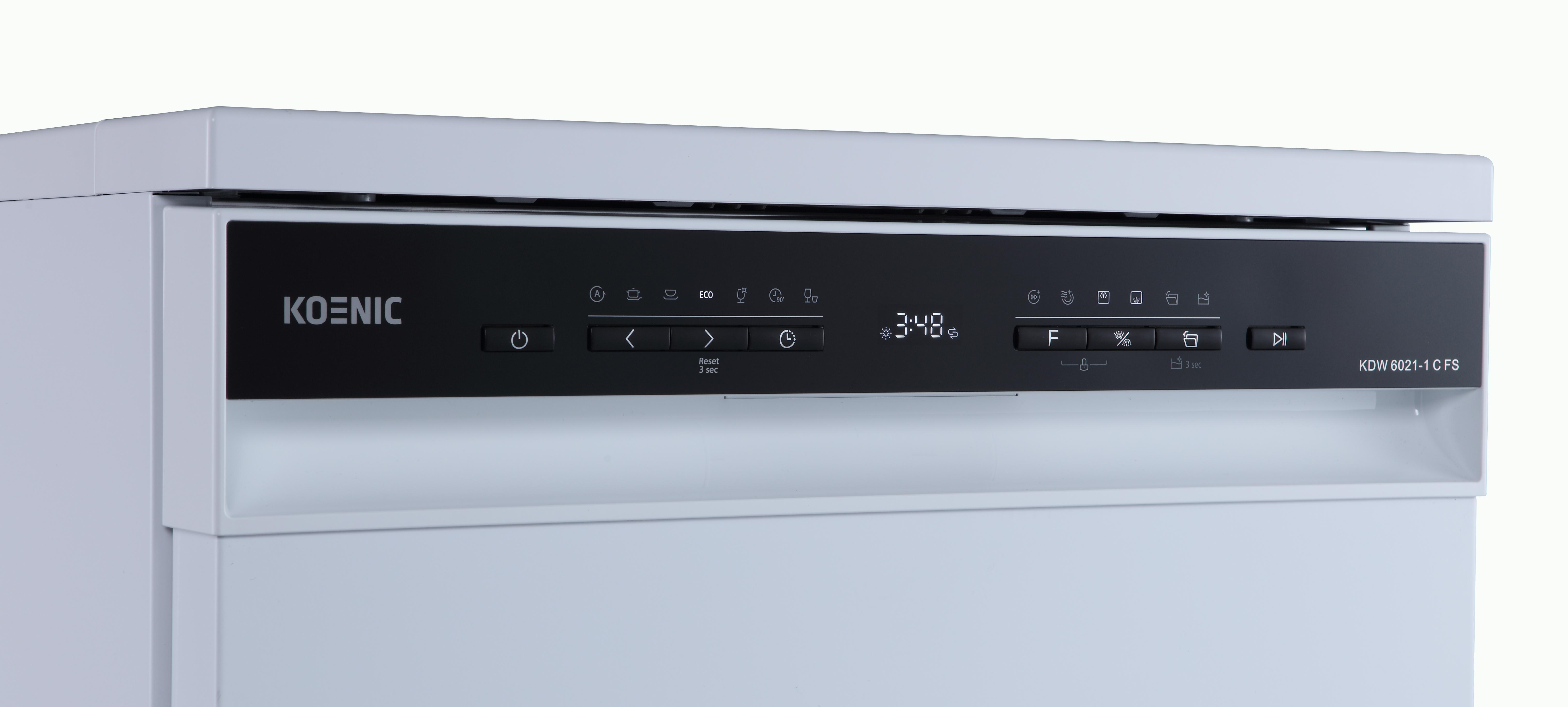 Das Bedienfeld eines weißen Geschirrspülers mit schwarzen Details.