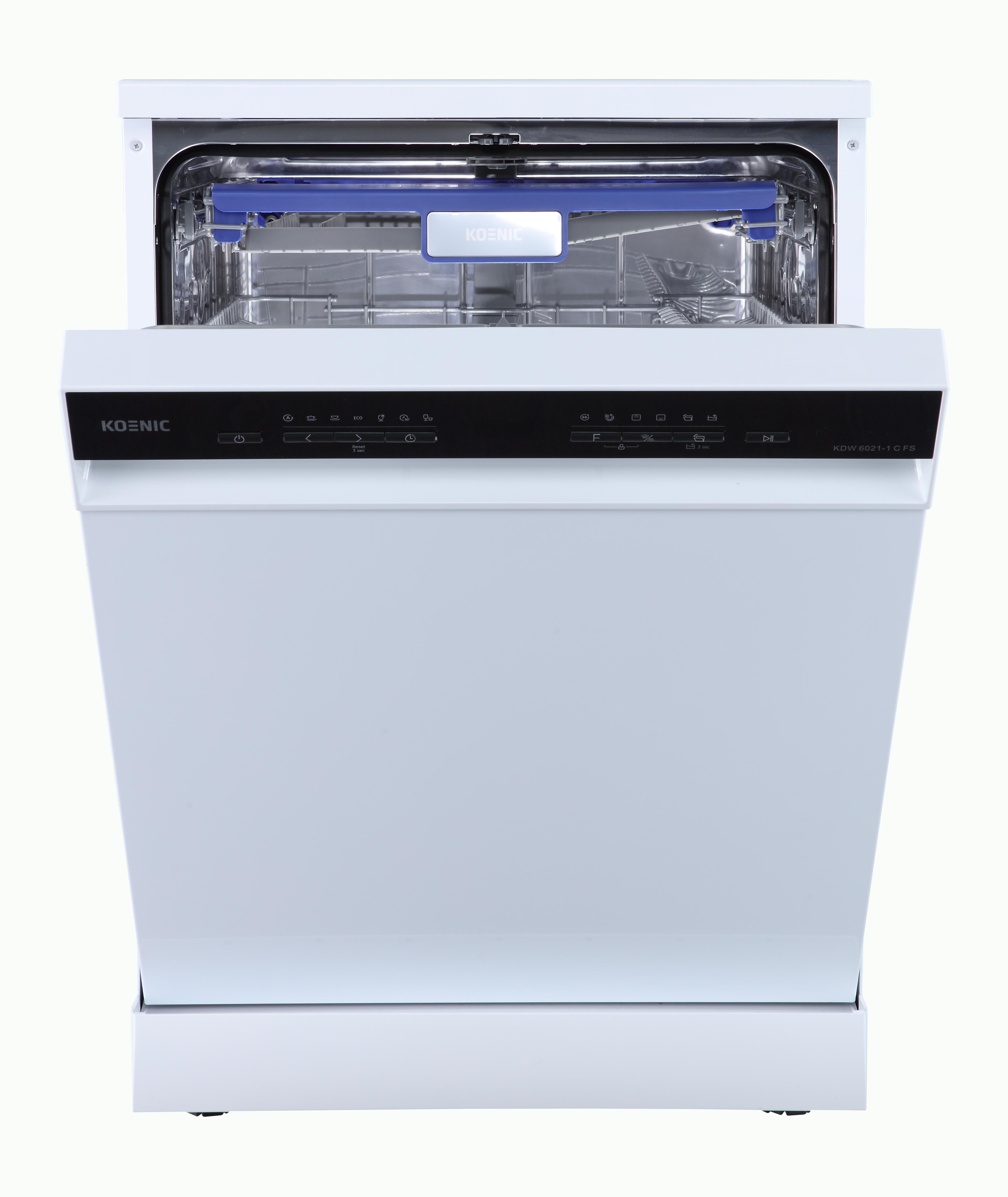 Weißer Geschirrspüler mit offener Tür und blauem Innenraum, Frontansicht.