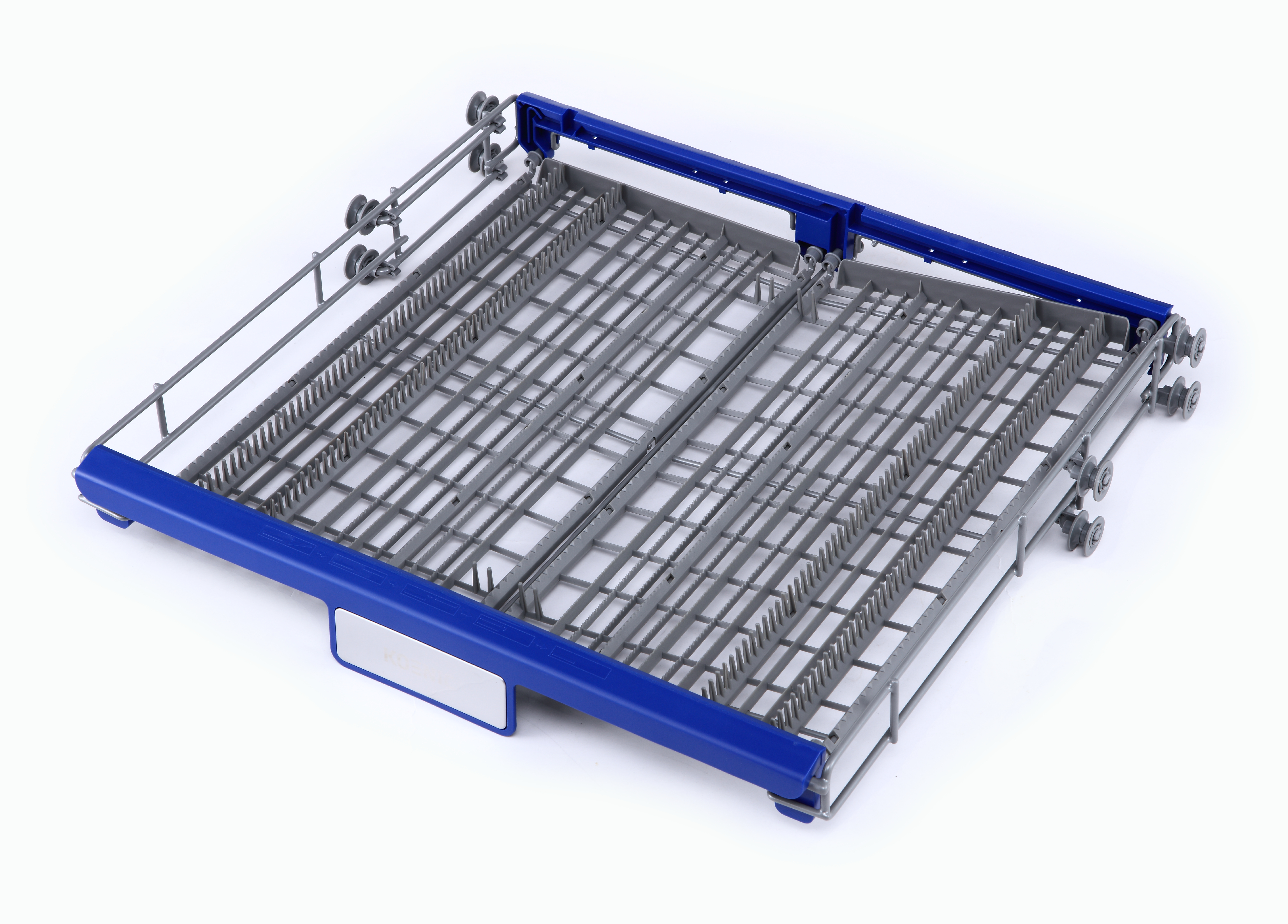 Ein blau-grauer Geschirrspüler-Einsatz mit vielen Schlitzen und blauem Rahmen.