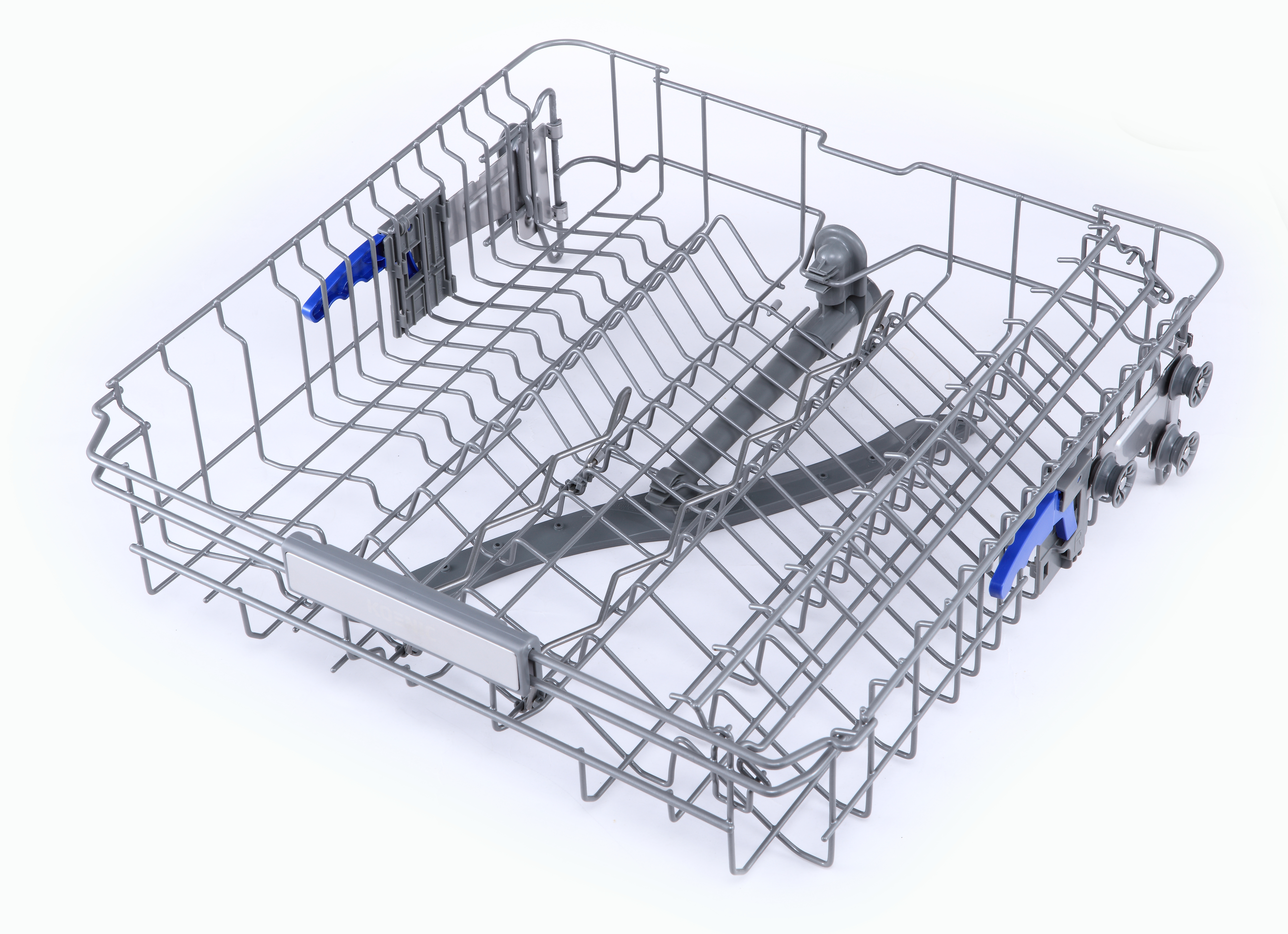 Geschirrspülergestell, Metall, offenes Rahmendesign. Blaue und graue Kunststoffteile.