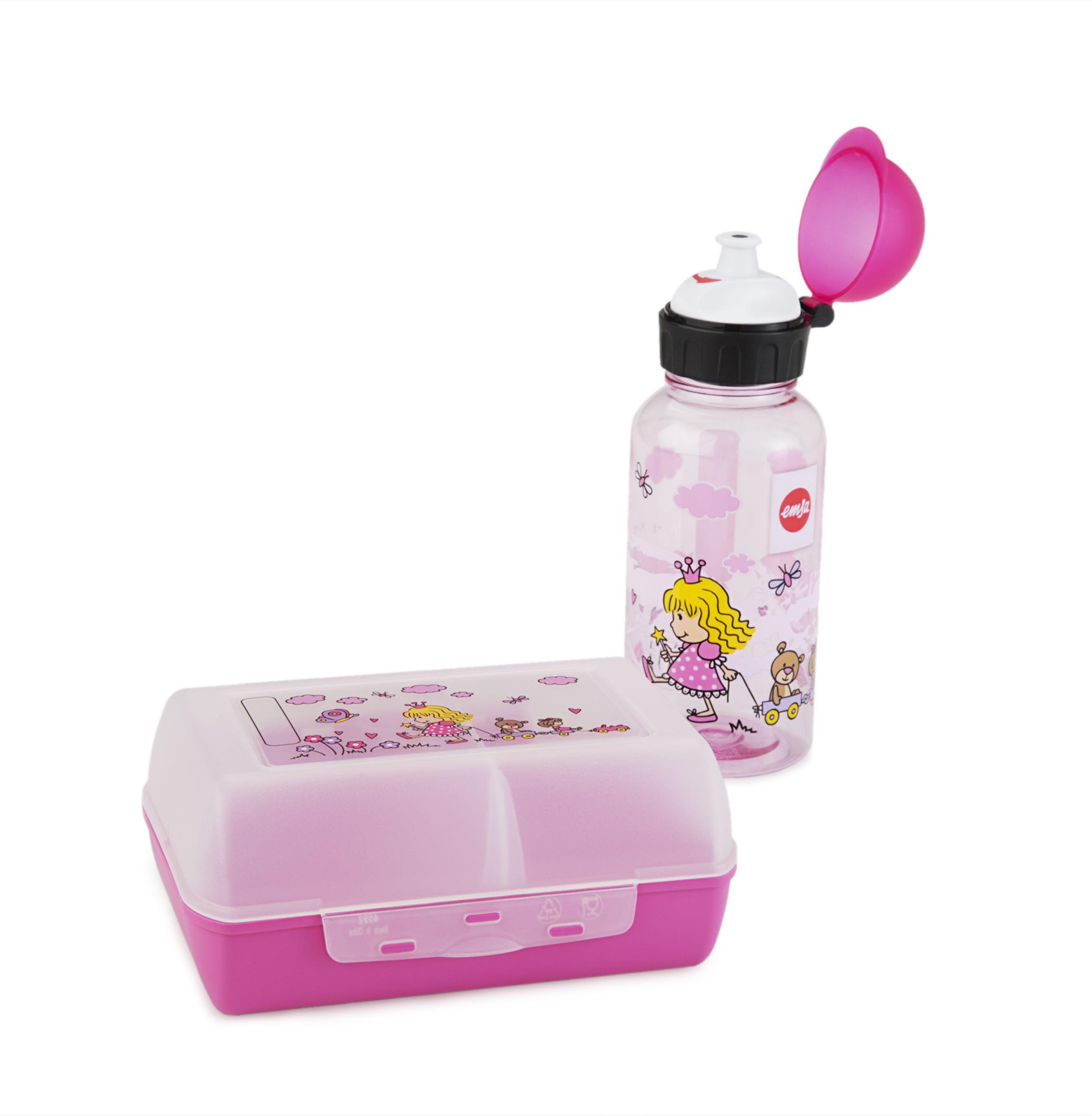 Rosa Brotdose und Wasserflasche mit Prinzessinnen-Design. Weißer Hintergrund.