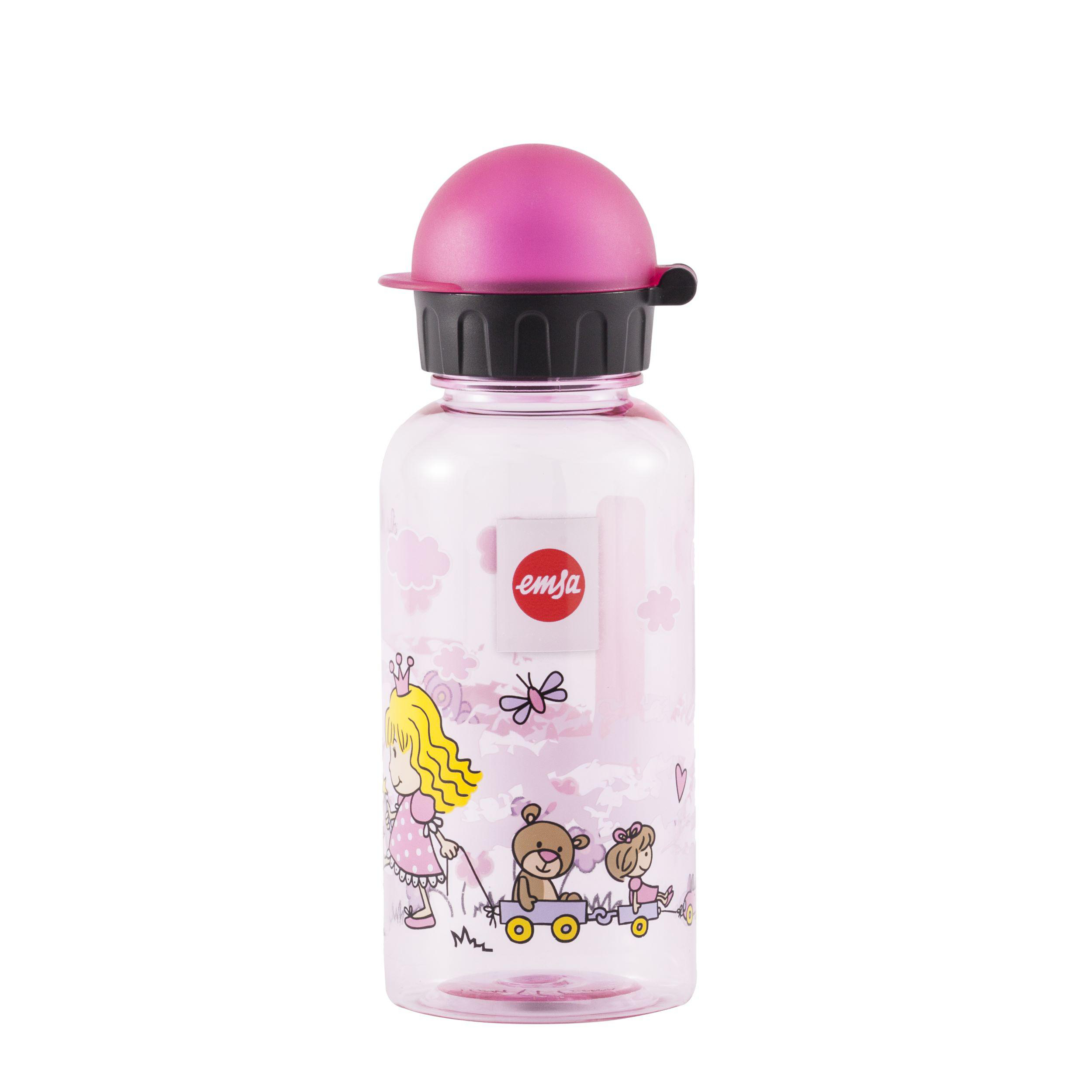 Rosa Wasserflasche mit Cartoon-Bildern von Mädchen, Bär und Blume.