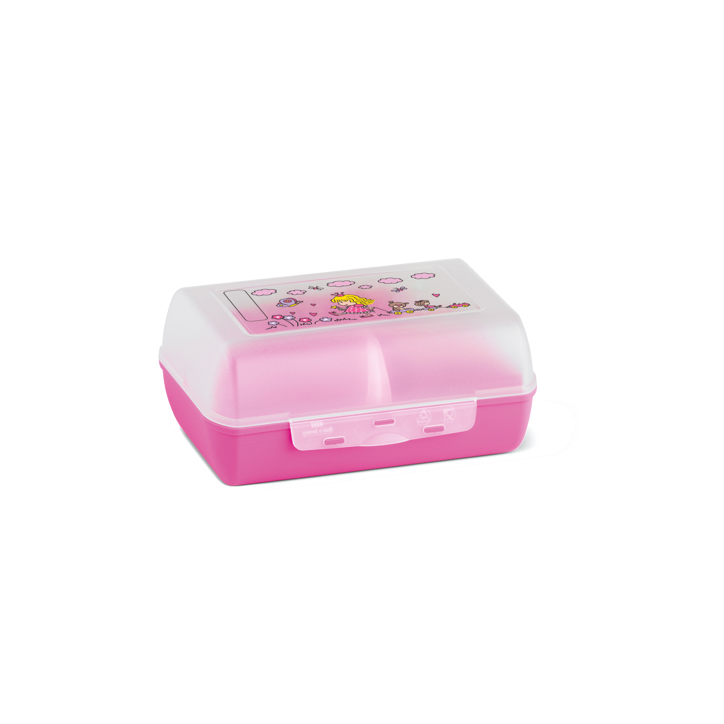 Eine rosa Lunchbox mit einem weißen Deckel, mit einem Cartoon-Prinzessinnen-Design.