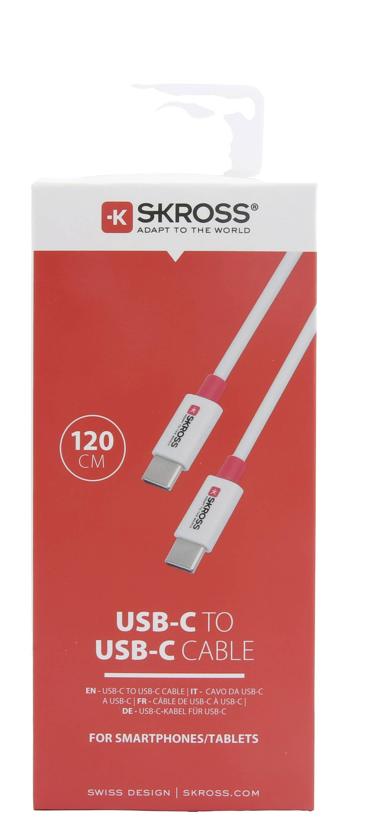 Piros-fehér USB-C - USB-C kábelcsomagolás, maga a kábel látható.