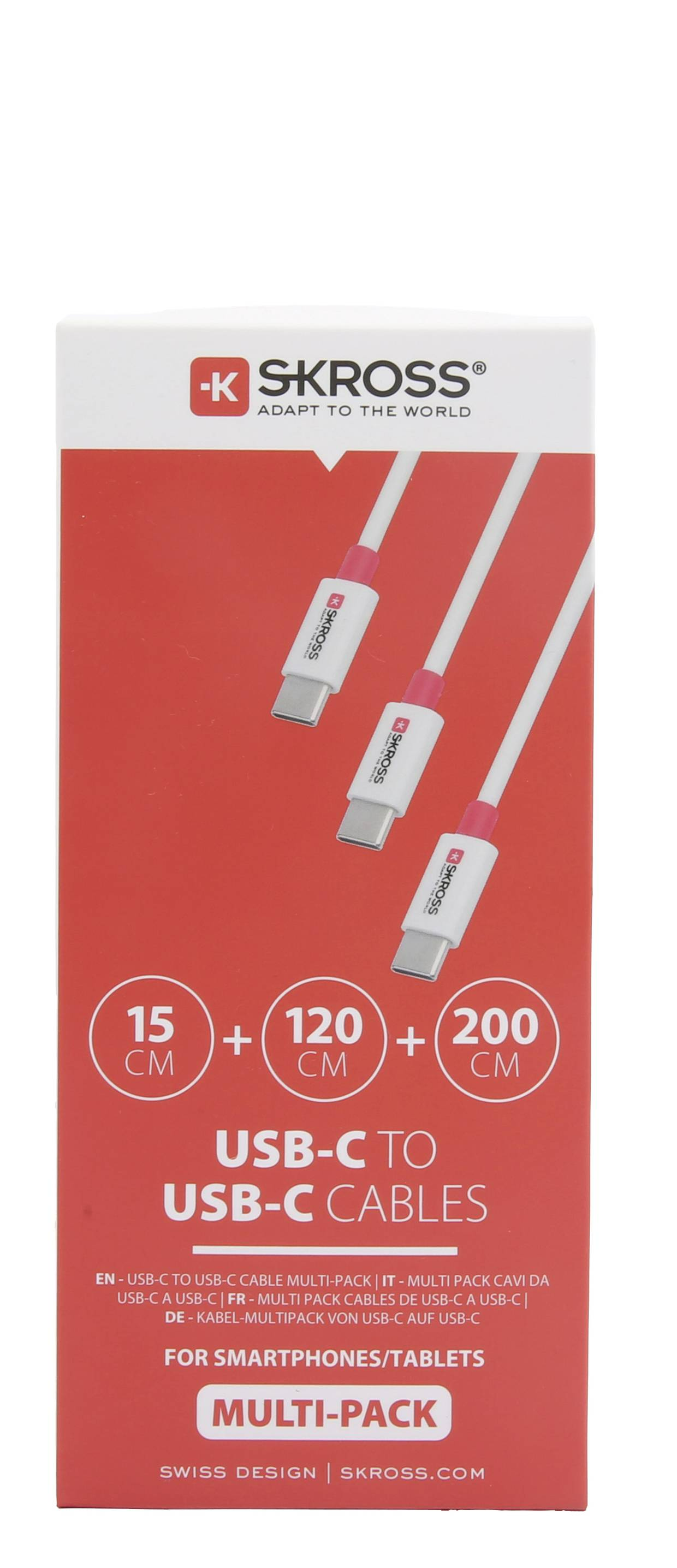 USB-C kábel multi-pack piros-fehér csomagolásban, kábelhossz jelzőkkel.