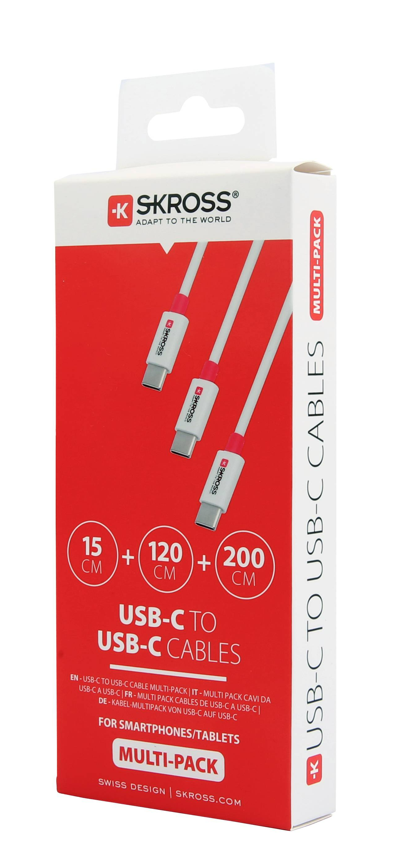 Fehér és piros Skross multi-pack doboz különböző hosszúságú USB-C kábelekkel.