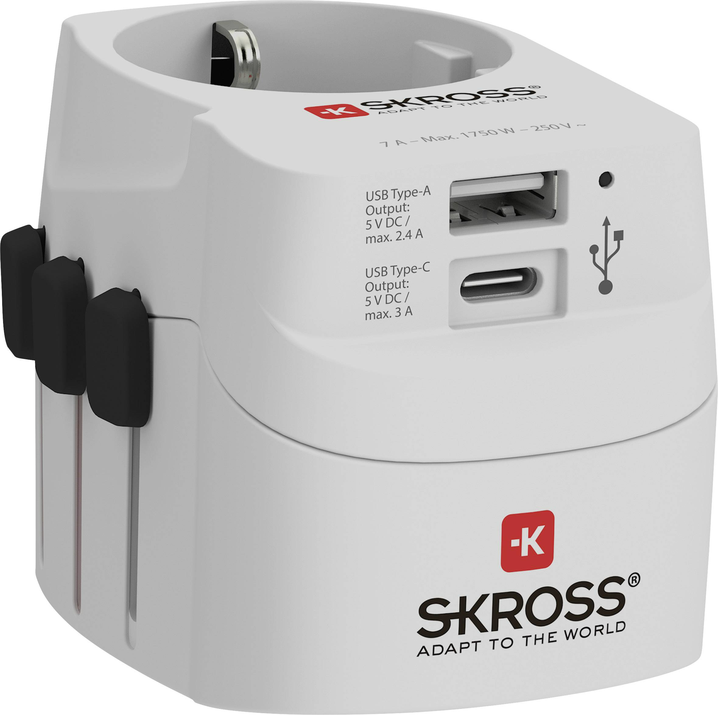 Fehér utazóadapter USB és USB-C portokkal. Márkanév: SKROSS.
