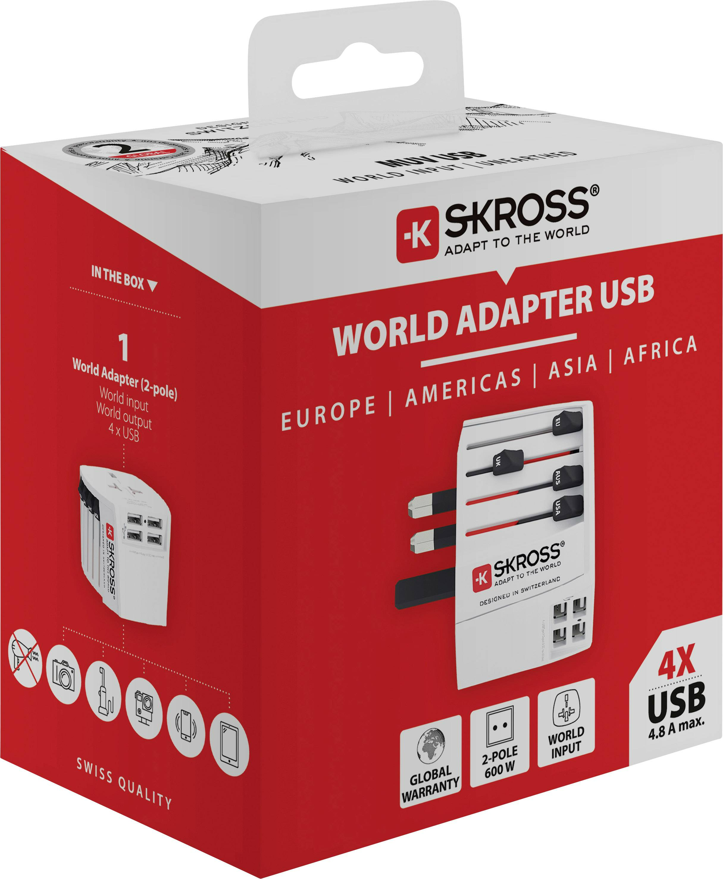 Fehér világadapter doboz több dugóval, piros díszítéssel és USB porttal.