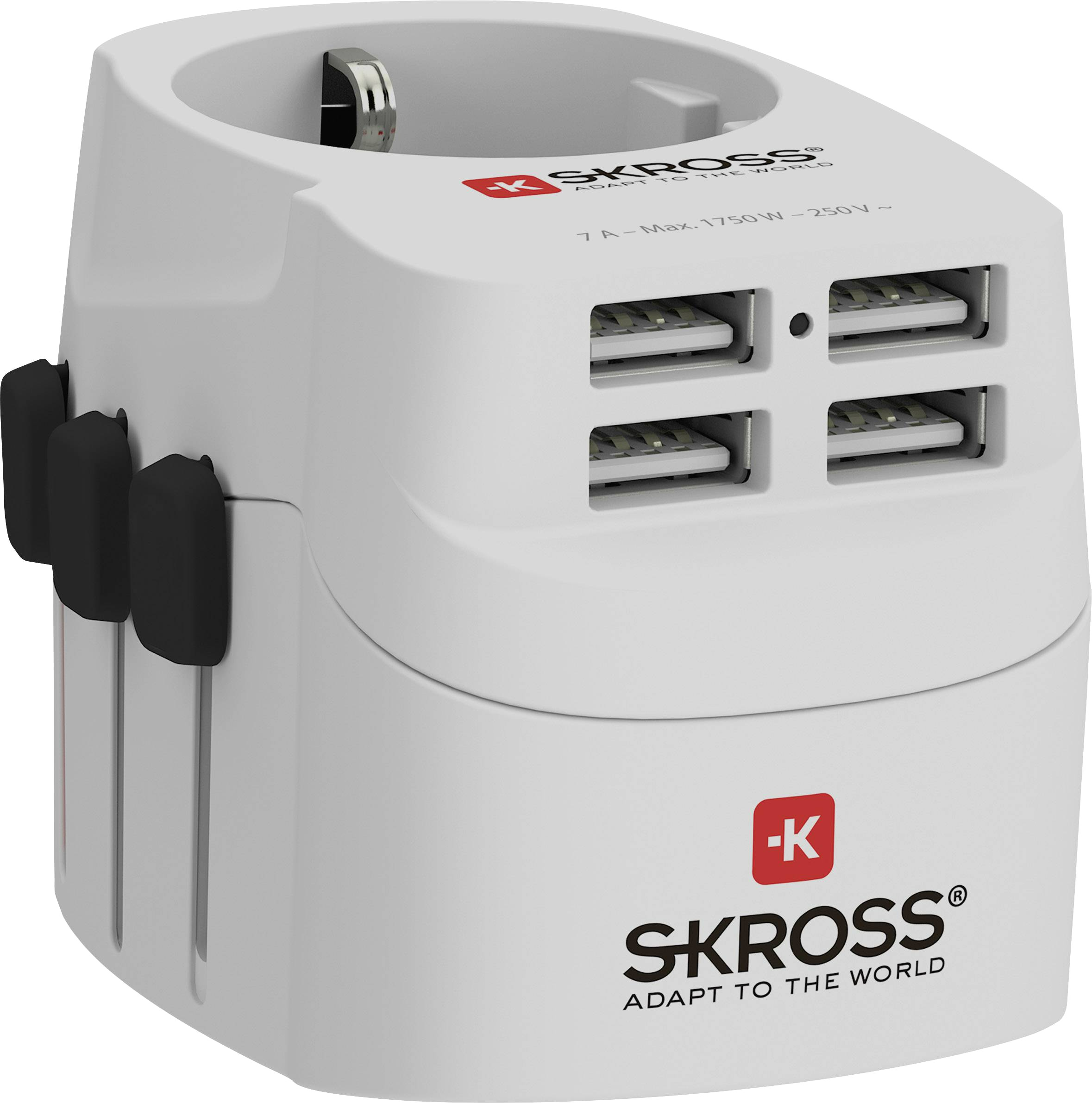 Fehér utazóadapter fekete csúszkákkal és több USB-porttal a töltéshez.