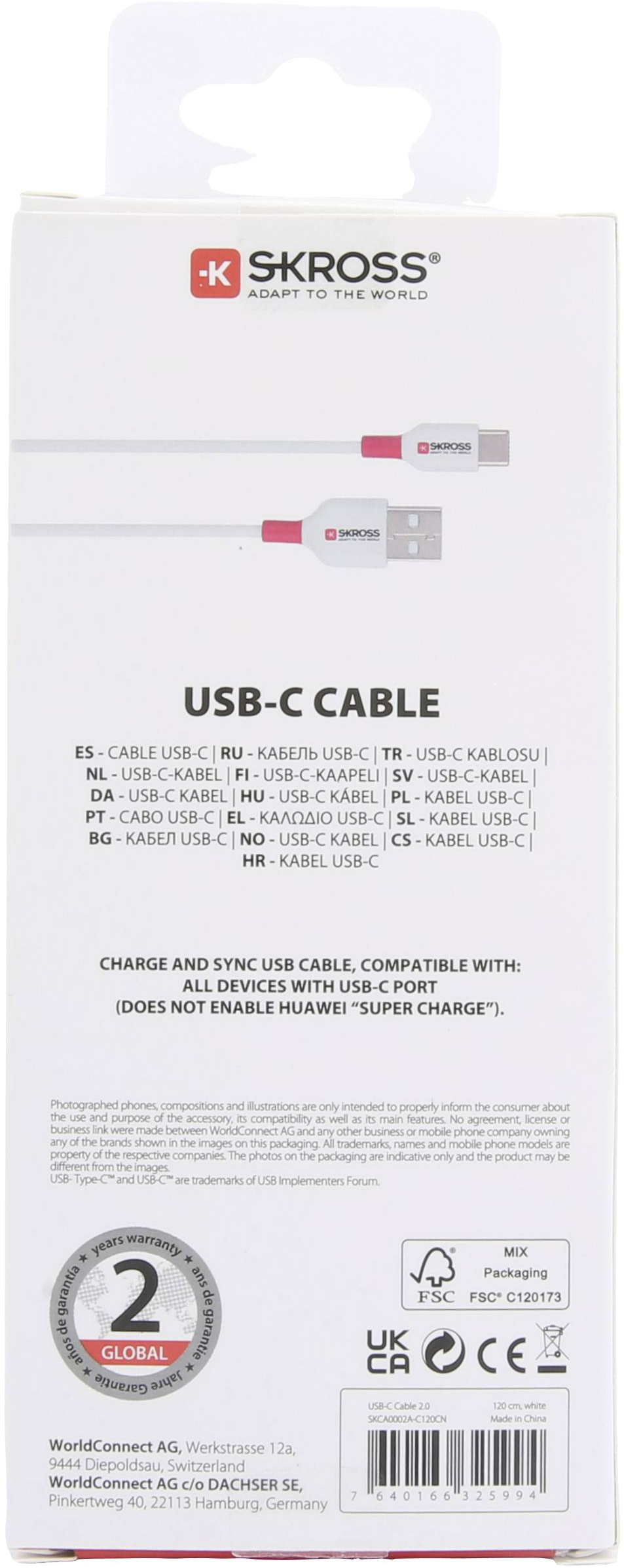 USB-C kábel csomagolása. Több nyelven szöveg. A kábel fehér, rózsaszín elemmel.