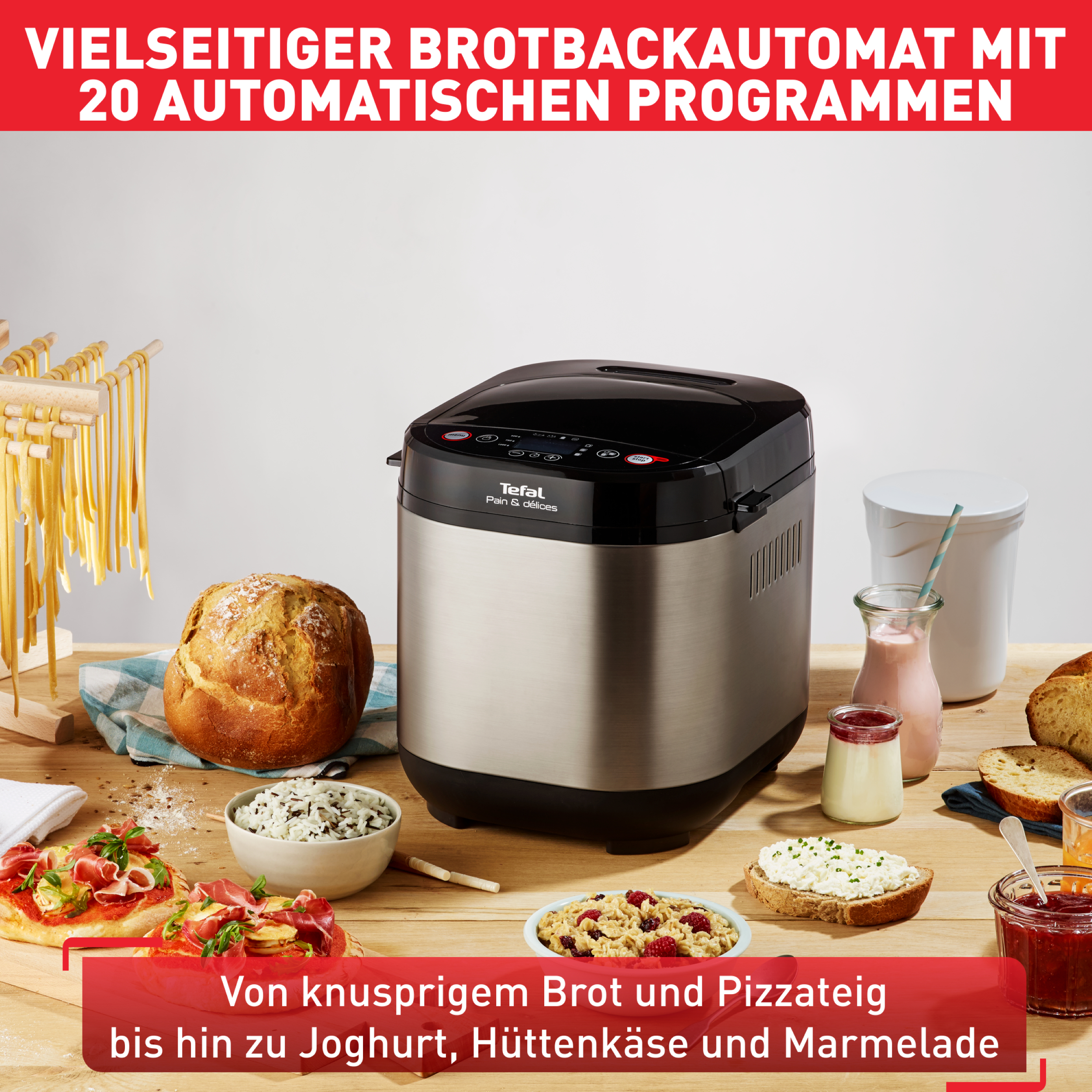 Brotbackautomat mit dem Text „VIELSEITIGER BROTBACKAUTOMAT MIT 20 AUTOMATISCHEN PROGRAMMEN“.